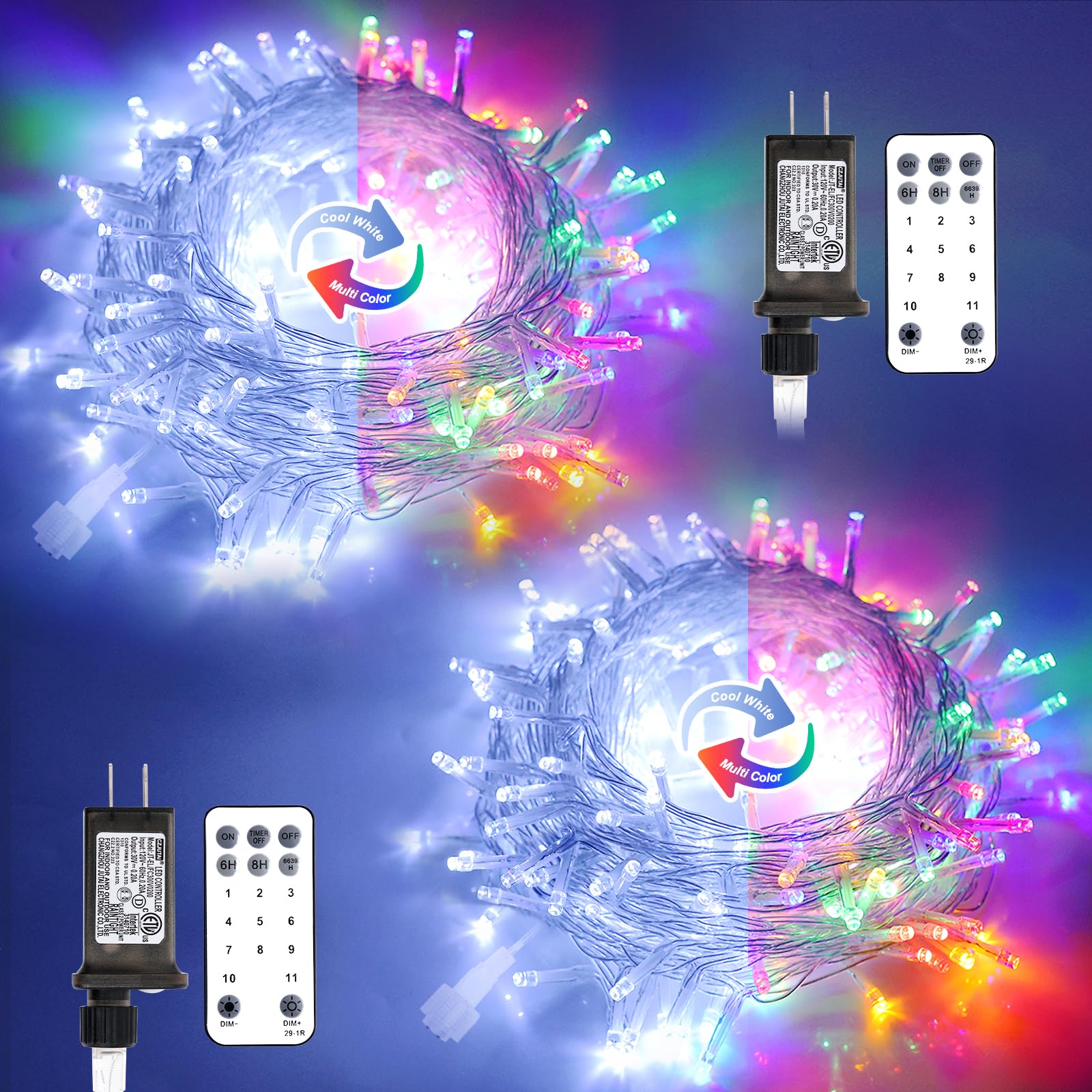 JMEXSUSS 2 Pack 100 LED Color Changing Christmas Lights, 33ft Cool White & Multicolor Christmas Lights Outdoor Waterproof, Clear