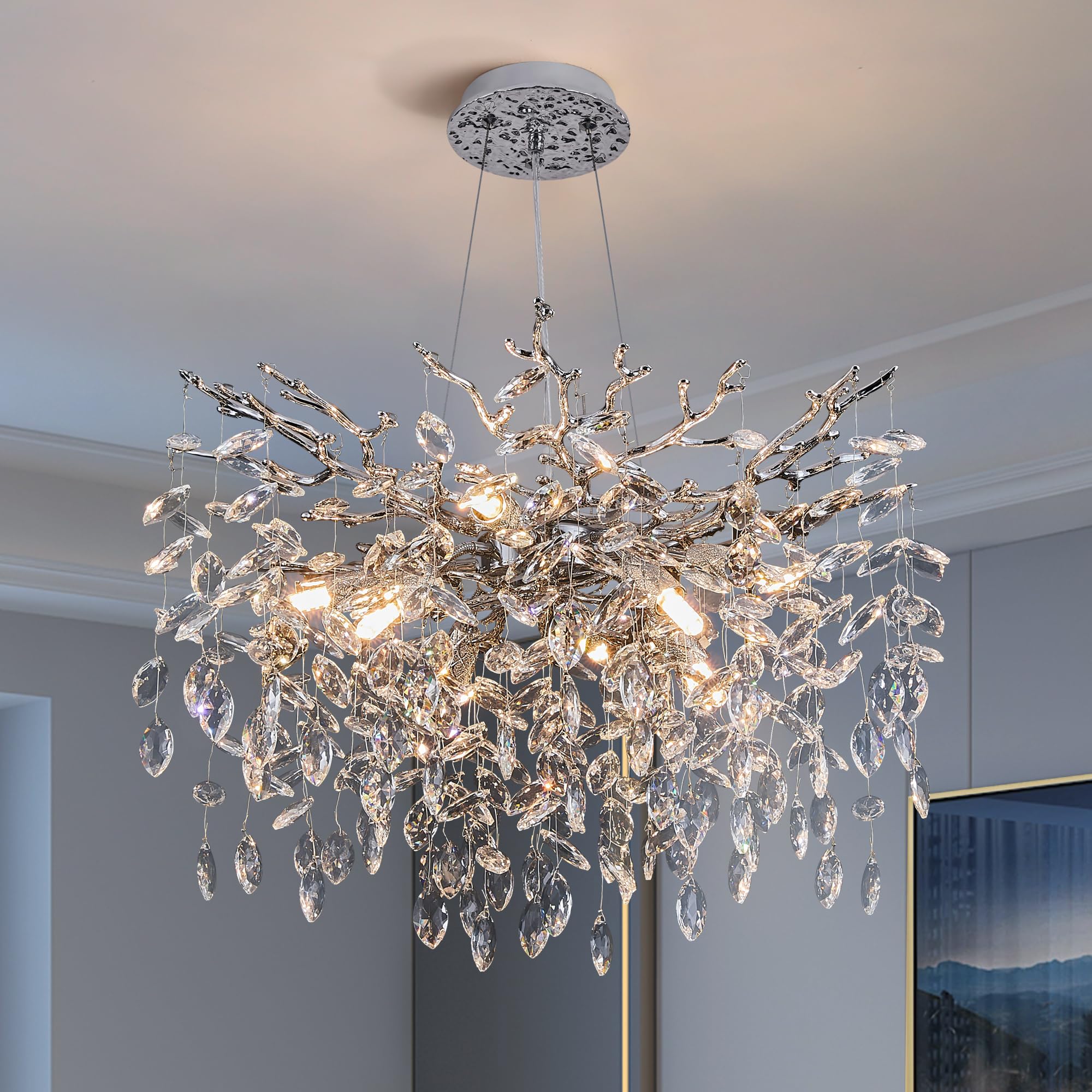 Modern Tree Branch Crystal Chandelier Luxury Silver Crystal Pendant Lighting 23.6'' Contemporary 8-Light Chandeliers for Dining 