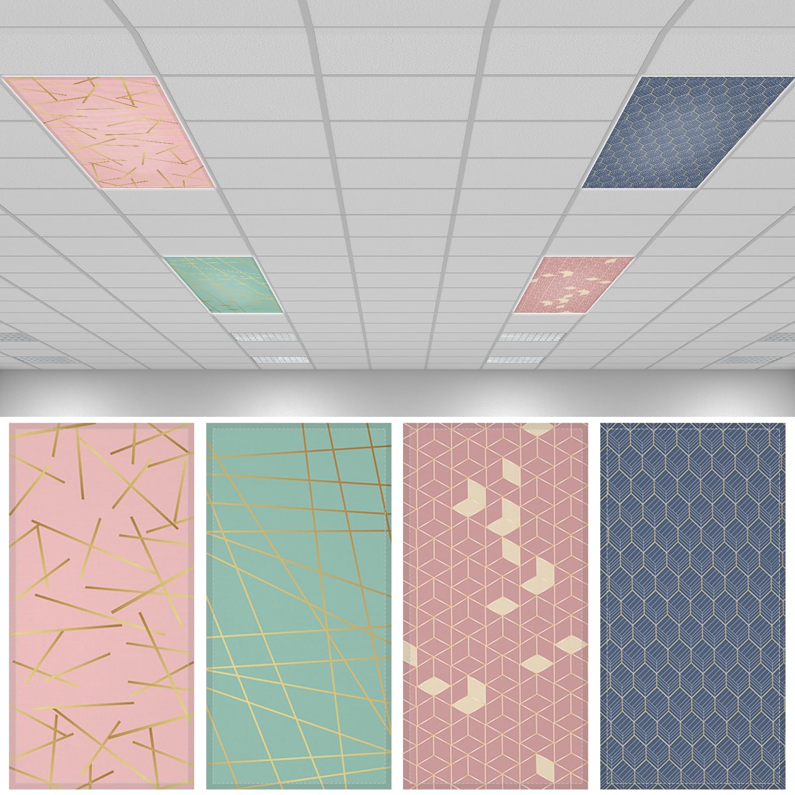 QOUBAI 4PCS Fluorescent Light Covers  4x2 Feet Magnetic Light Cover Fluorescent Lights Shade Panel Positive Inspirational Ceiling Lights Filters for Office Classroom Home Drop Ceiling Geometric