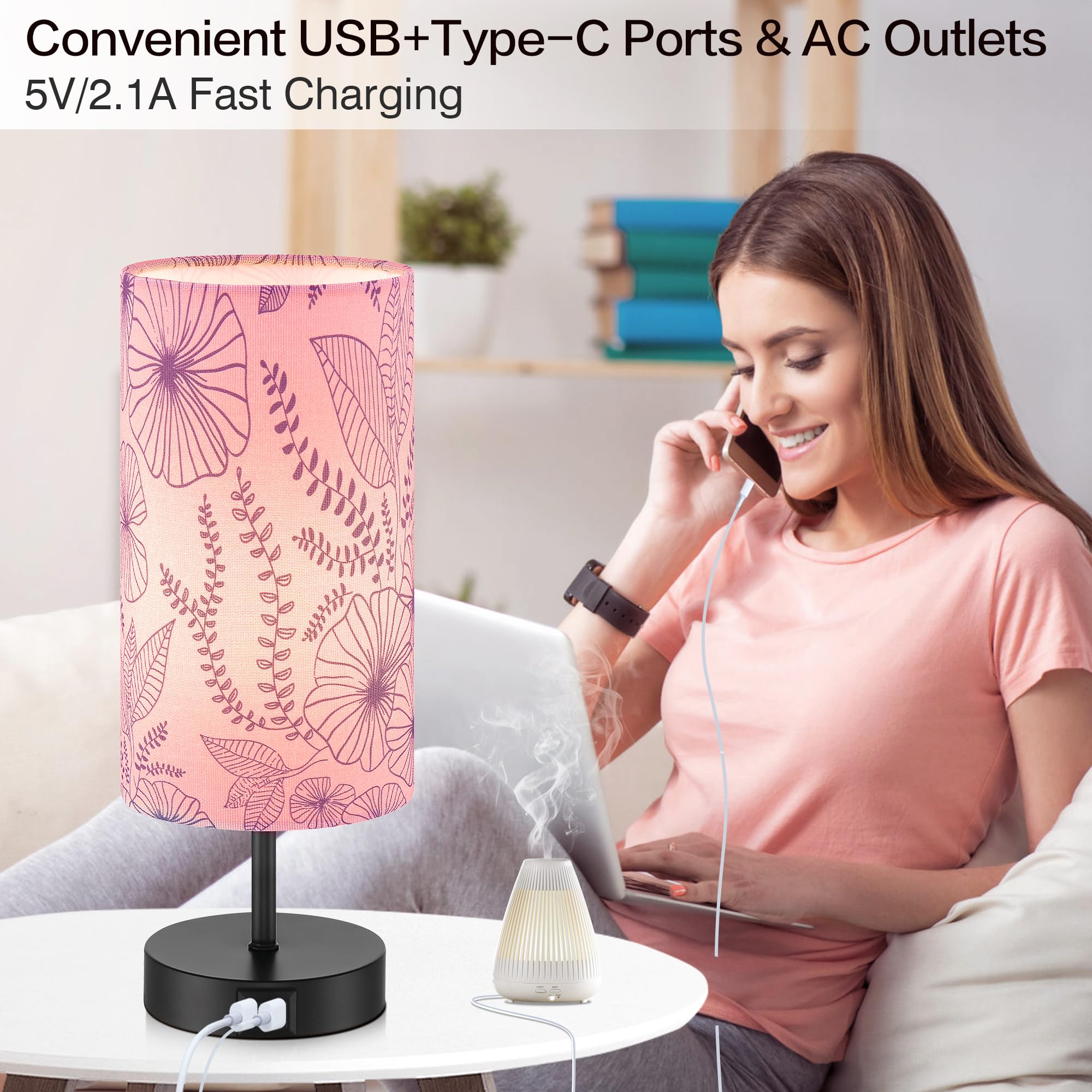 Bedside Table Lamp, Modern Touch Control Desk Lamp With 2 Usb Ports & Round Flower Linen Fabric Shade, 3 Way Dimmable Small Nigh