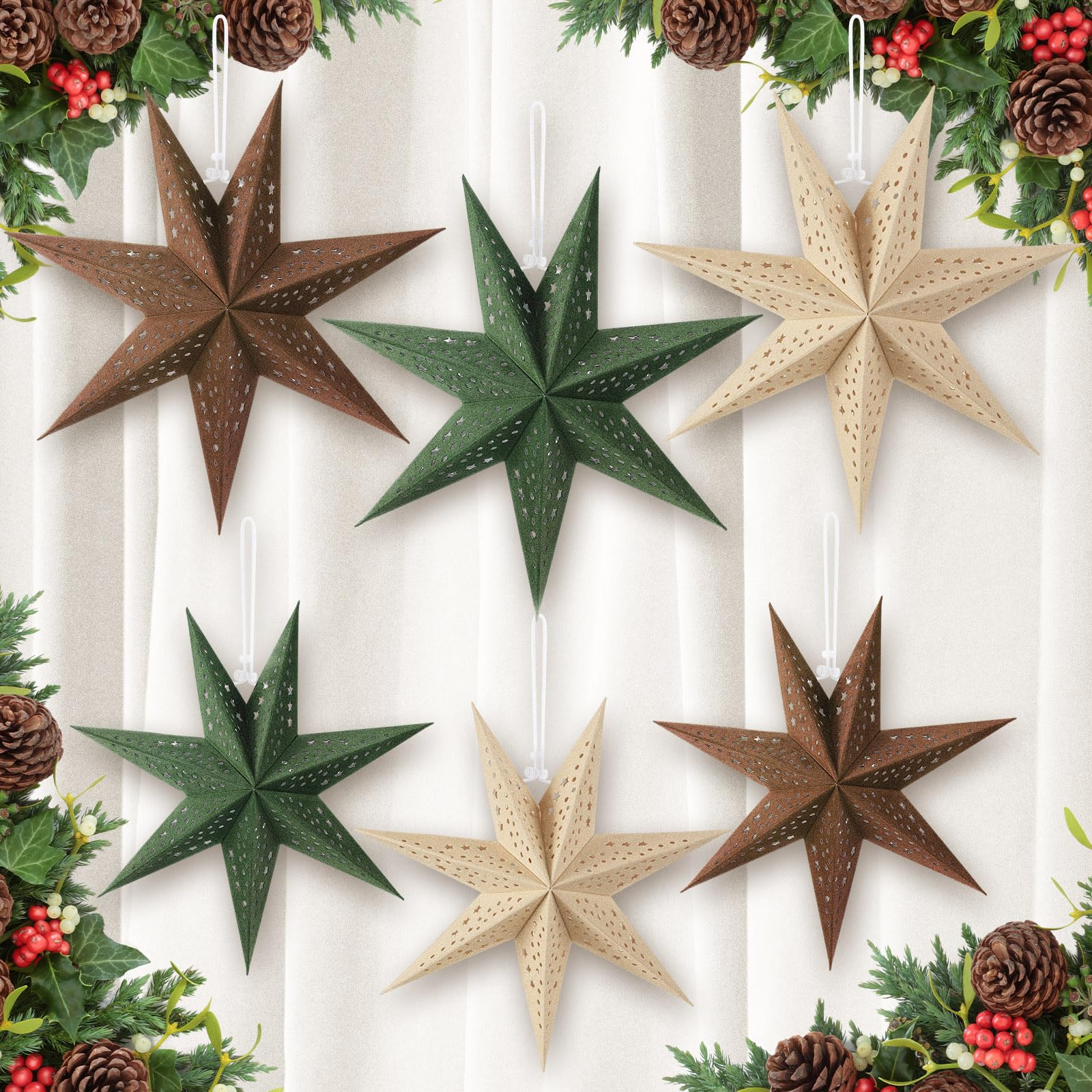 ReliThick 6 Pcs Velvet Christmas Paper Star Lanterns 18/12 Inch Flocked 7 Pointed Christmas Hanging Lamp Paper Ornament Decorati