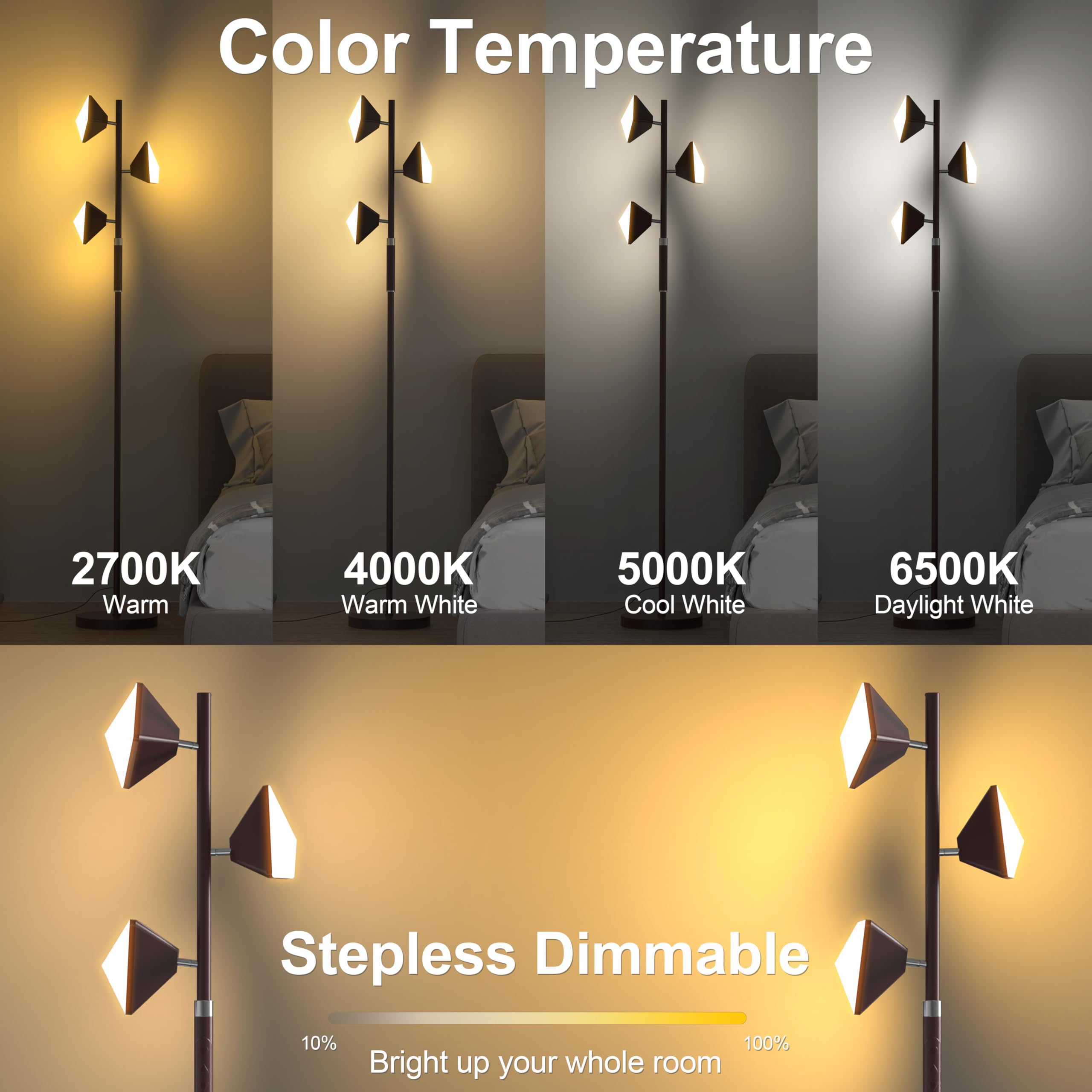 RGB Tree Floor Lamp for Living Room, Stepless Dimmable Tall Standing Lamp with Remote, Touch Control and 3 Rotatable Light, Brig