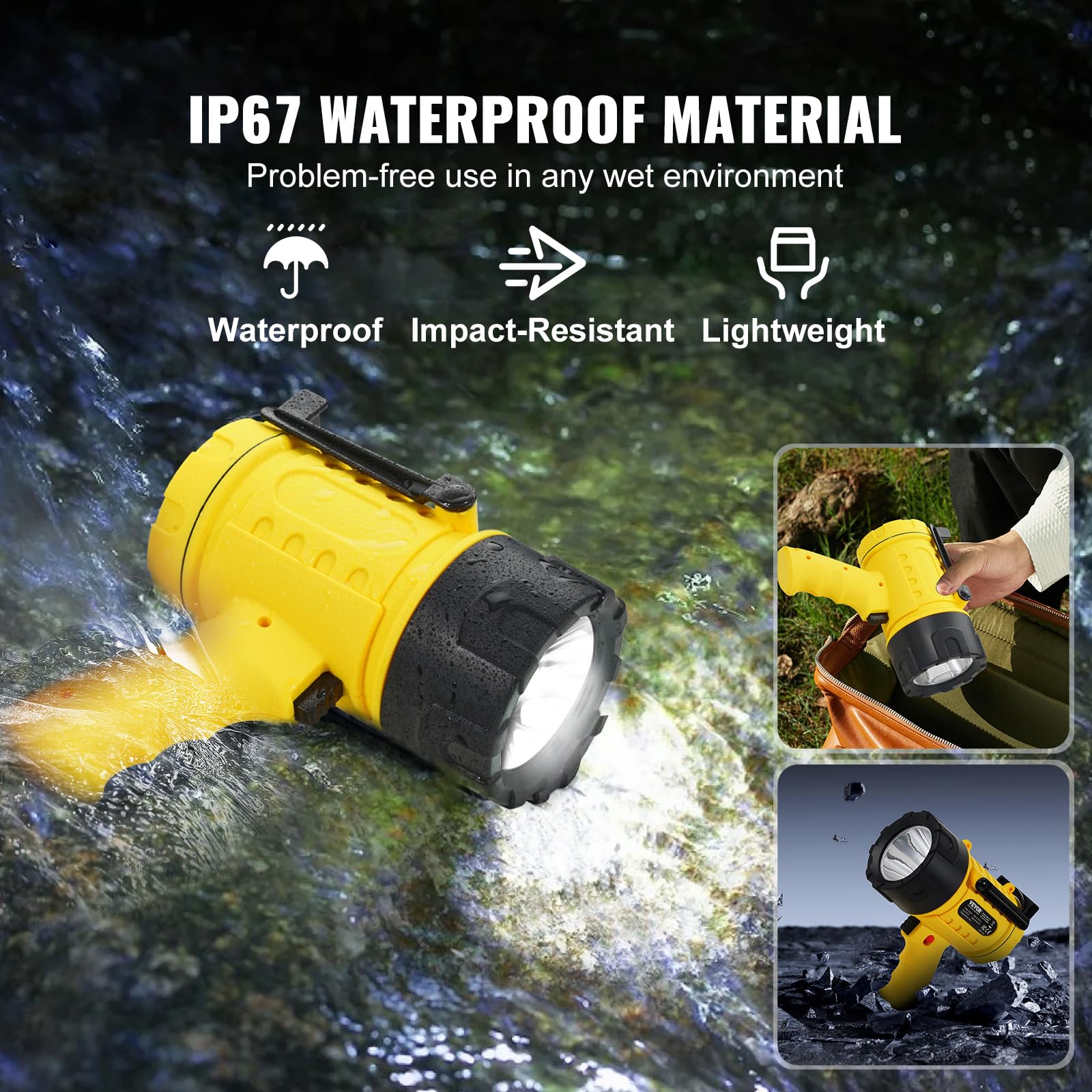 VEVOR Rechargeable Spotlight Flashlight, 100000 Lumens, IP67 Waterproof, 4 Modes, Model MX-6005-D, Yellow+Black
