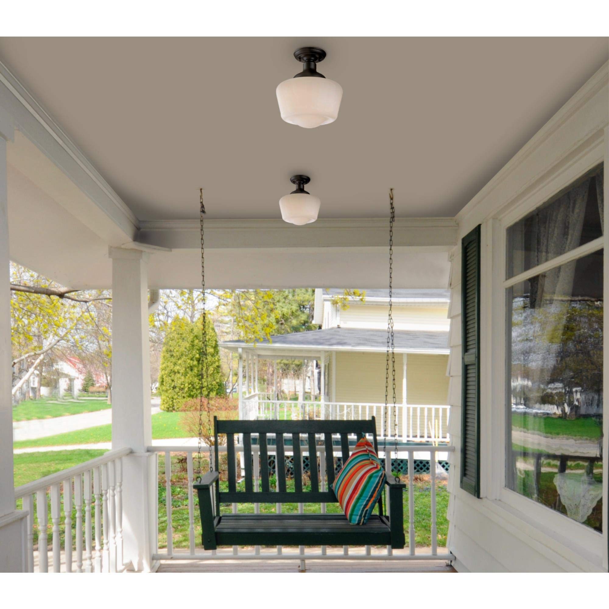 Westinghouse Scholar 9-Inch Vintage One-Light Semi-Flush Mount Ceiling Light Fixture, Textured Black Finish, White Opal Glass, Model 6578300