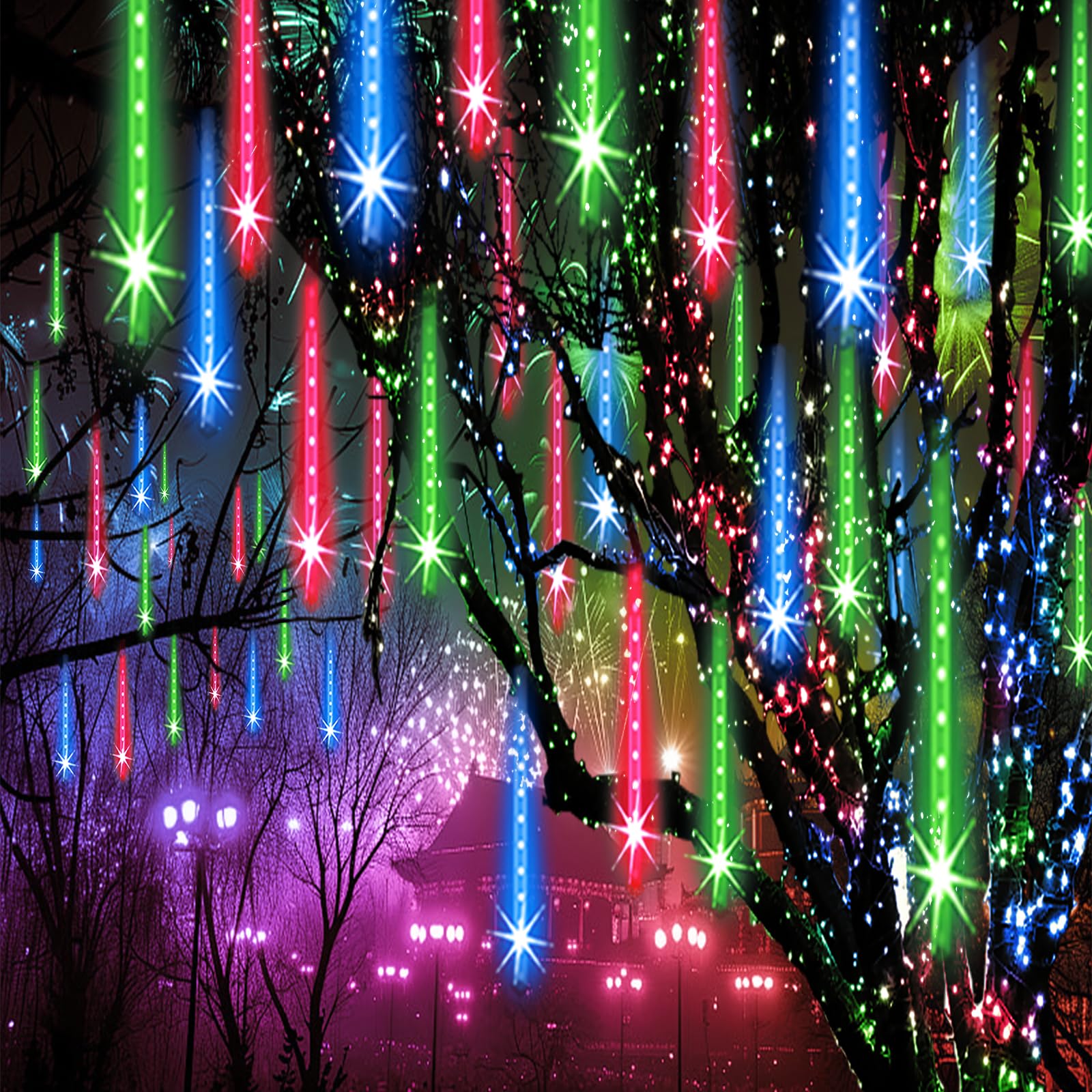 Zpqbeye Meteor Shower Lights Outdoor Christmas Lights 24-Tube 576Leds Snow Falling Rain Cascading Icicle Lights For Christmas Tree Decorations Wedding Party Holiday Garden Decor, Ul Plug Multi Color