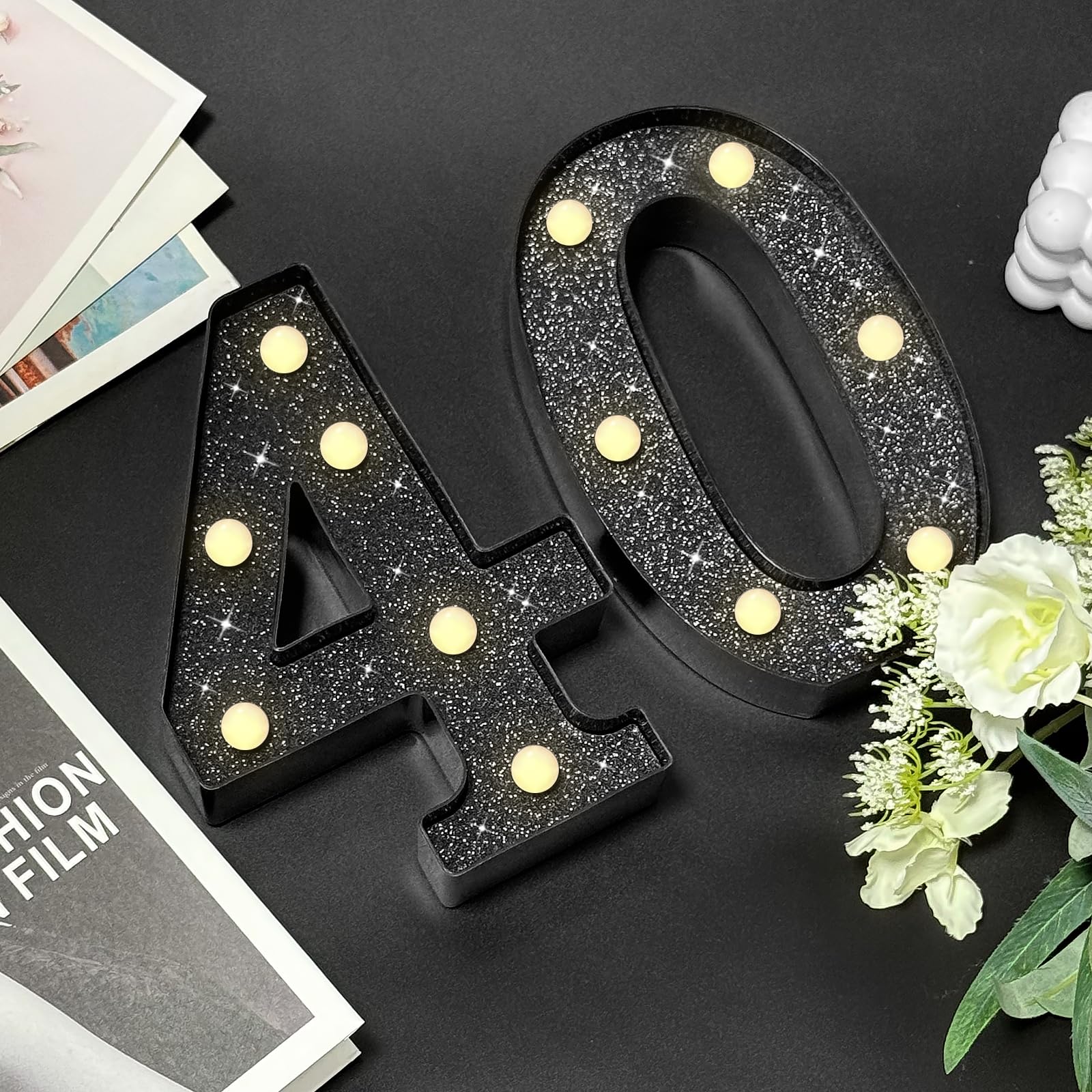 8.7In 40Th Birthday Decorations Gifts For Her Him  Light Up Numbers Decorative Sign For 40Th Birthday Wedding Work Anniversary Backdrop Table Wall Decor(Black)