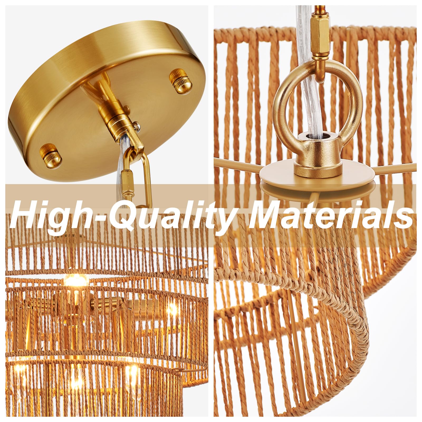 YOMECOO Boho Rattan Chandelier, 6-Lights Hand-Woven Bamboo Fixture, Vintage Gold, Model MD108-6-Golden-A, Perfect for Dining Room & Living Room