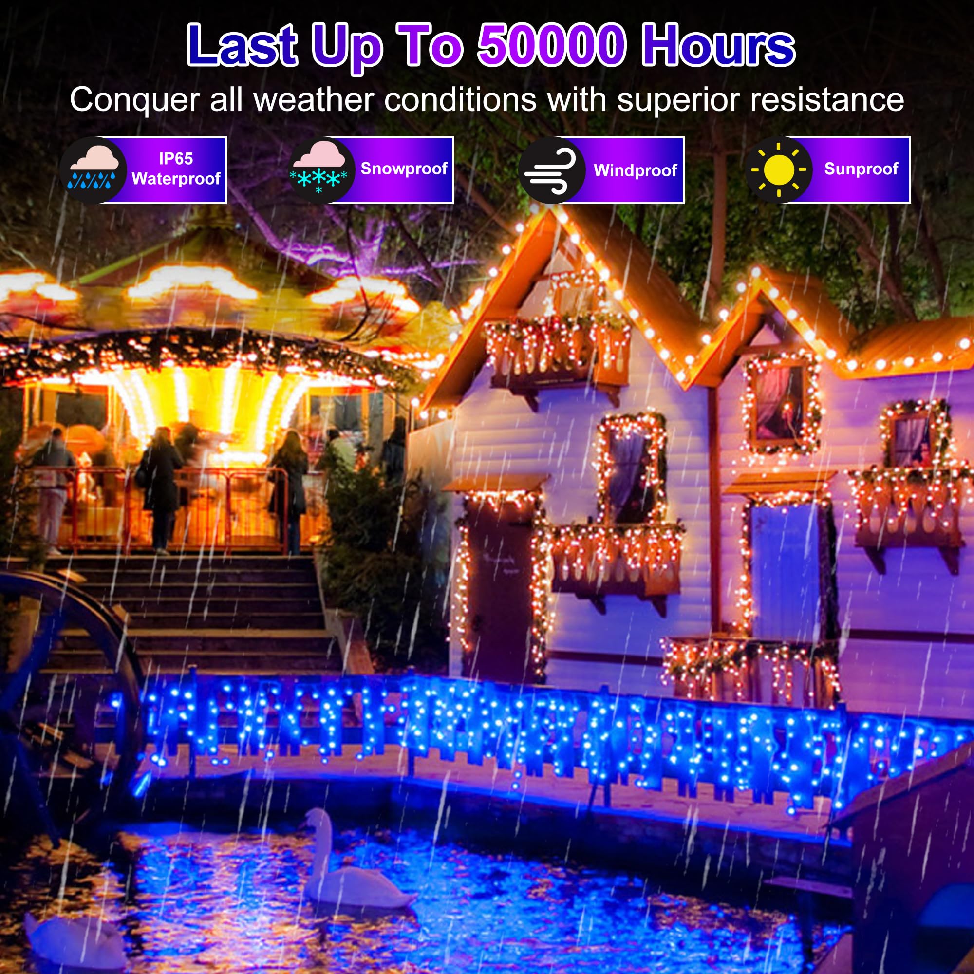 QUHUATU LED Christmas Outdoor Lights, 164ft Curtain Lights, 360 Drops, 8 Modes, Waterproof, Blue, Model WX-1620L