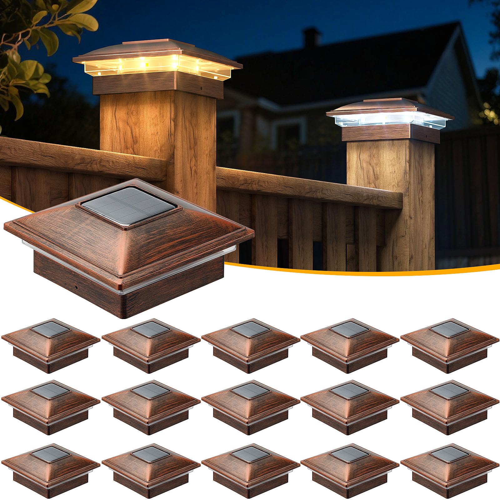APONUO Solar Fence Post Lights, 16 Pack, 2 Modes (Warm/Cool), Waterproof, Brushed Copper, Fits 4x4, 5x5, 5.5