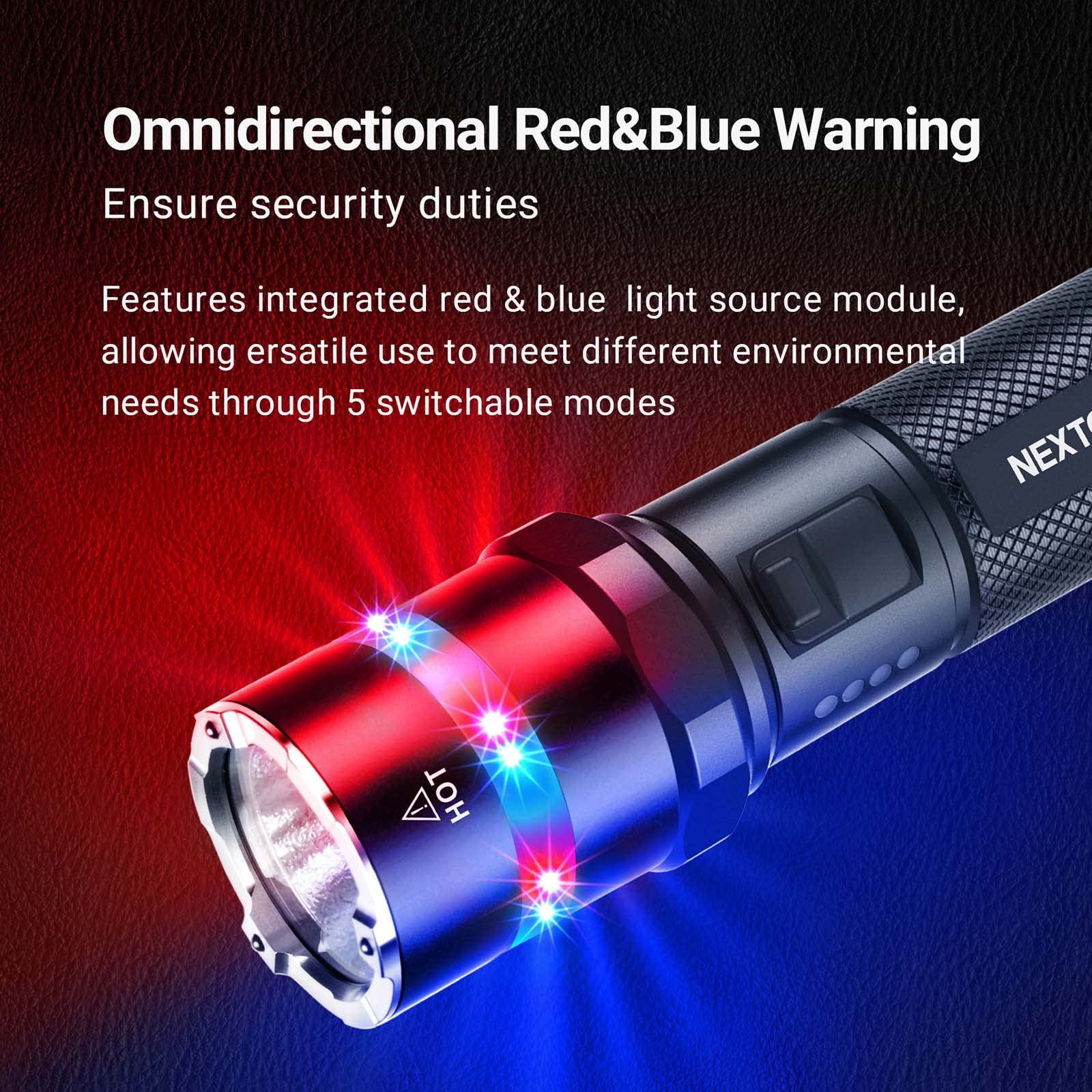 NEXTORCH P84 LED Flashlight - 3000 Lumens, Rechargeable, Black, with Red/Blue Lights & Strobe, Ideal for Night Duty & Outdoor Use