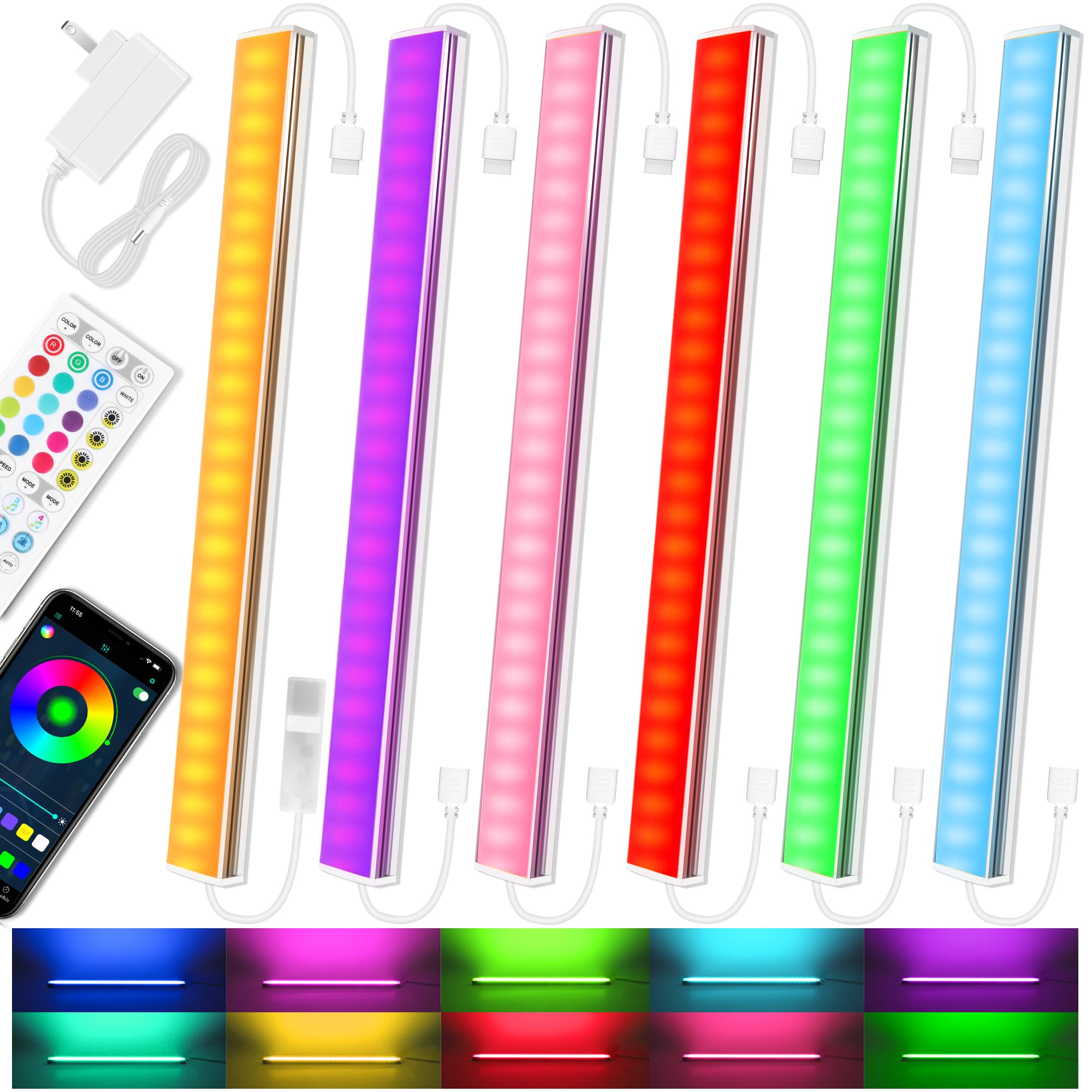 Benreom 6 Pcs RGB Under Cabinet Lights Kit, Smart App and Remote Control Under Cabinet Lighting, Dimmible Under Counter Lights f