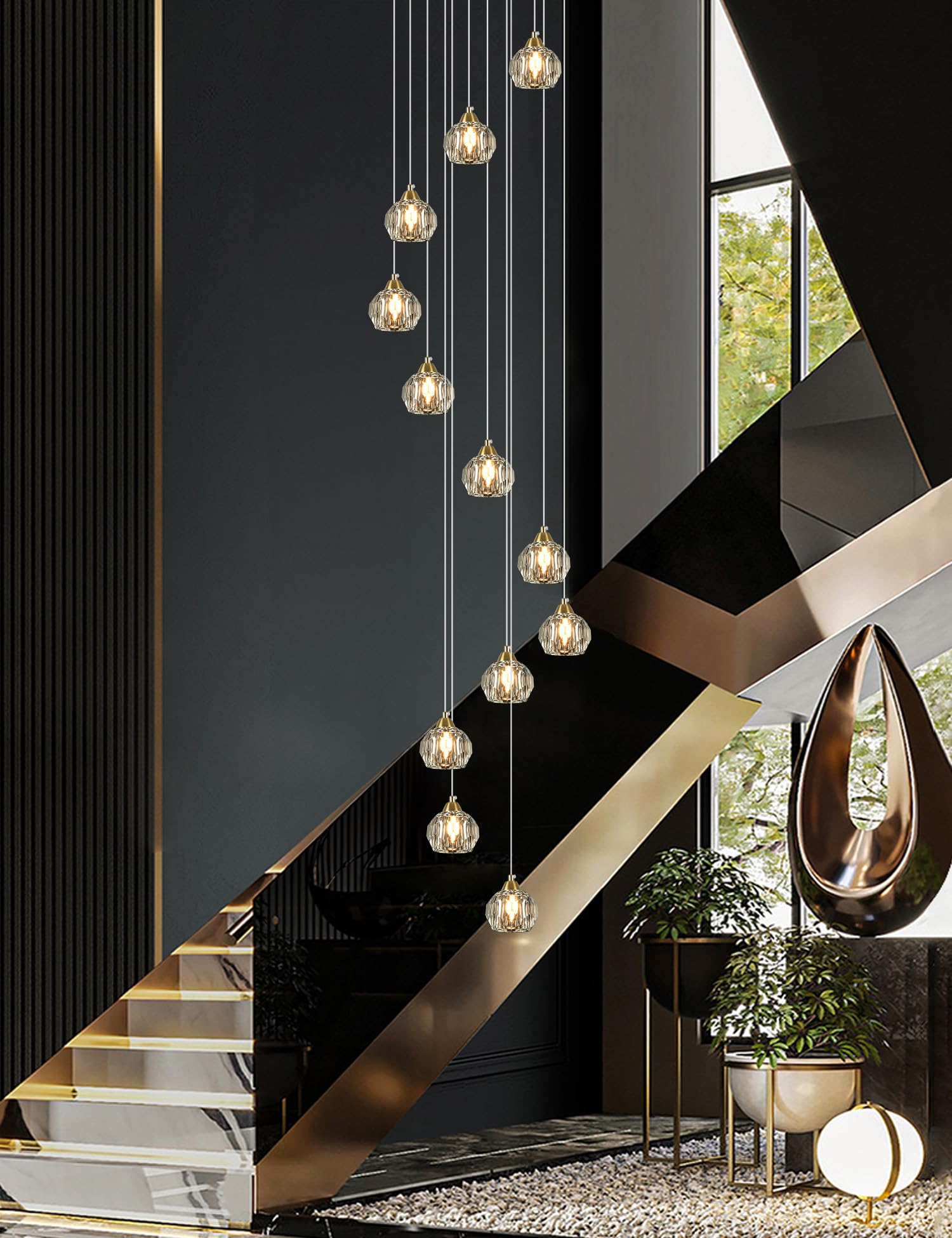 Weesalife 12-Light Crystal Chandelier, Brass Modern Pendant Light Fixture for Staircases, High Ceilings, Model 8817-12C BR