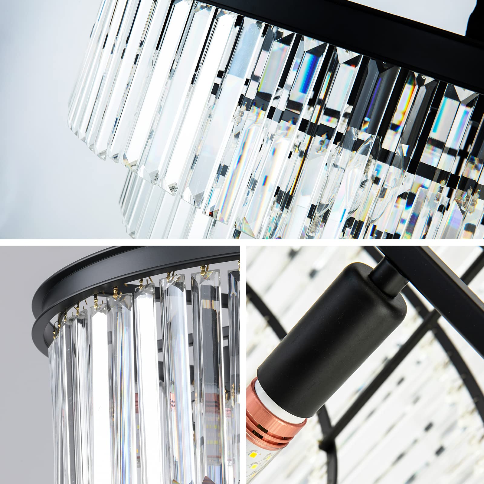 Laiuetai Black Modern Crystal Chandelier  3-Tier Round Flush Mount Ceiling Light Fixtures Height Adjustable Pendant Lighting For Dining Room Living Room Bedroom Kitchen Hotel Foyer