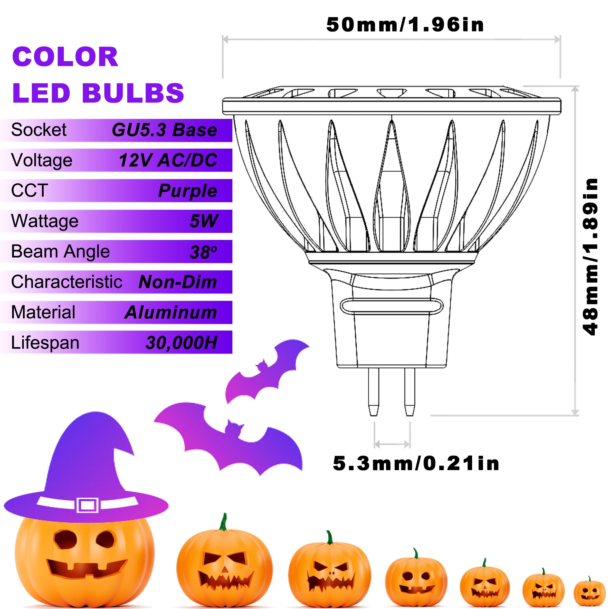 ALIDE MR16 5W LED Bulbs, Purple, 12V Low Voltage, 6 Pack, Halogen Equivalent, Perfect for Halloween & Outdoor Lighting