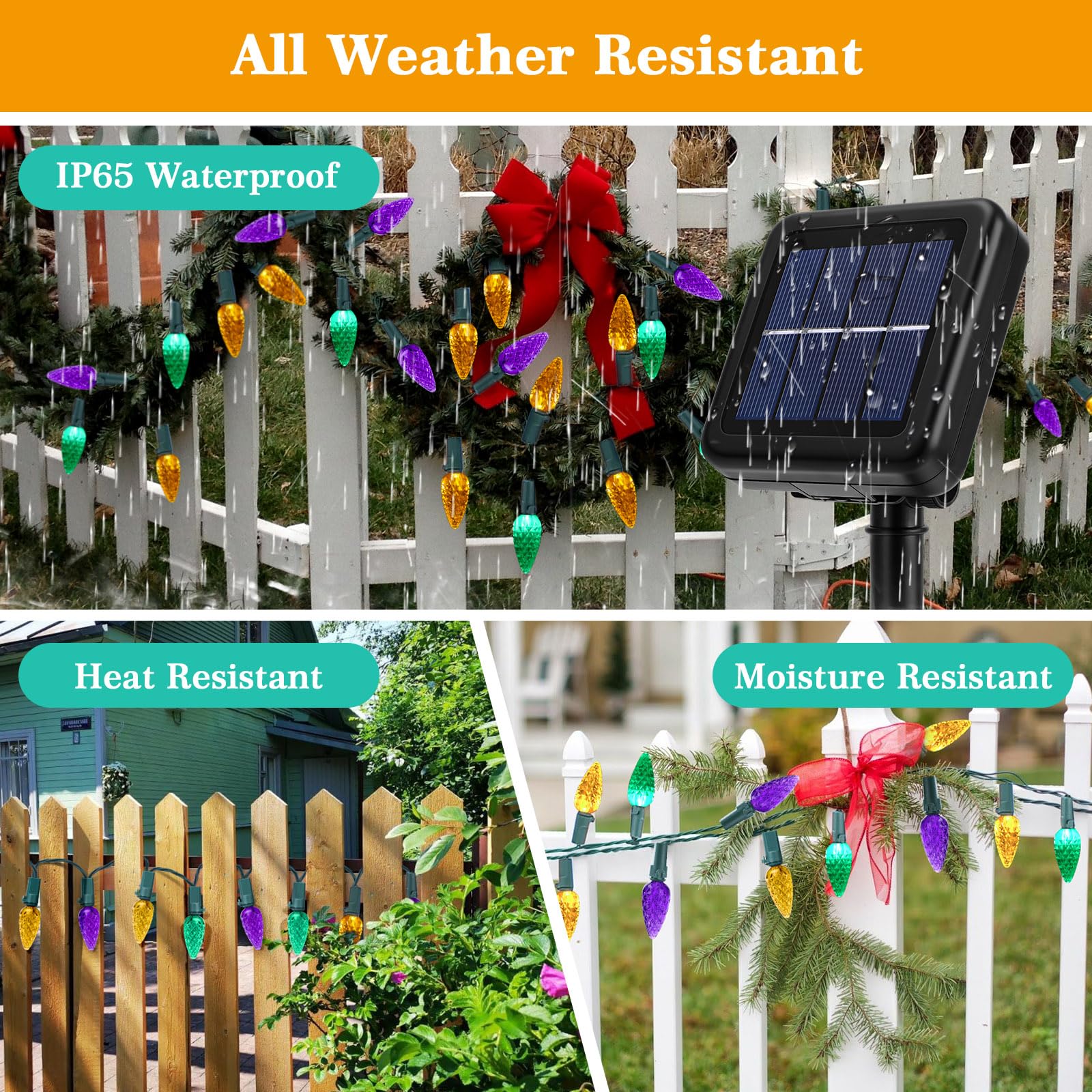 Reyeeinc Solar Mardi Gras Lights, Solar Powered Outdoor Waterproof String Lights With 39Ft 100 Count C6 Strawberry And 8 Modes F