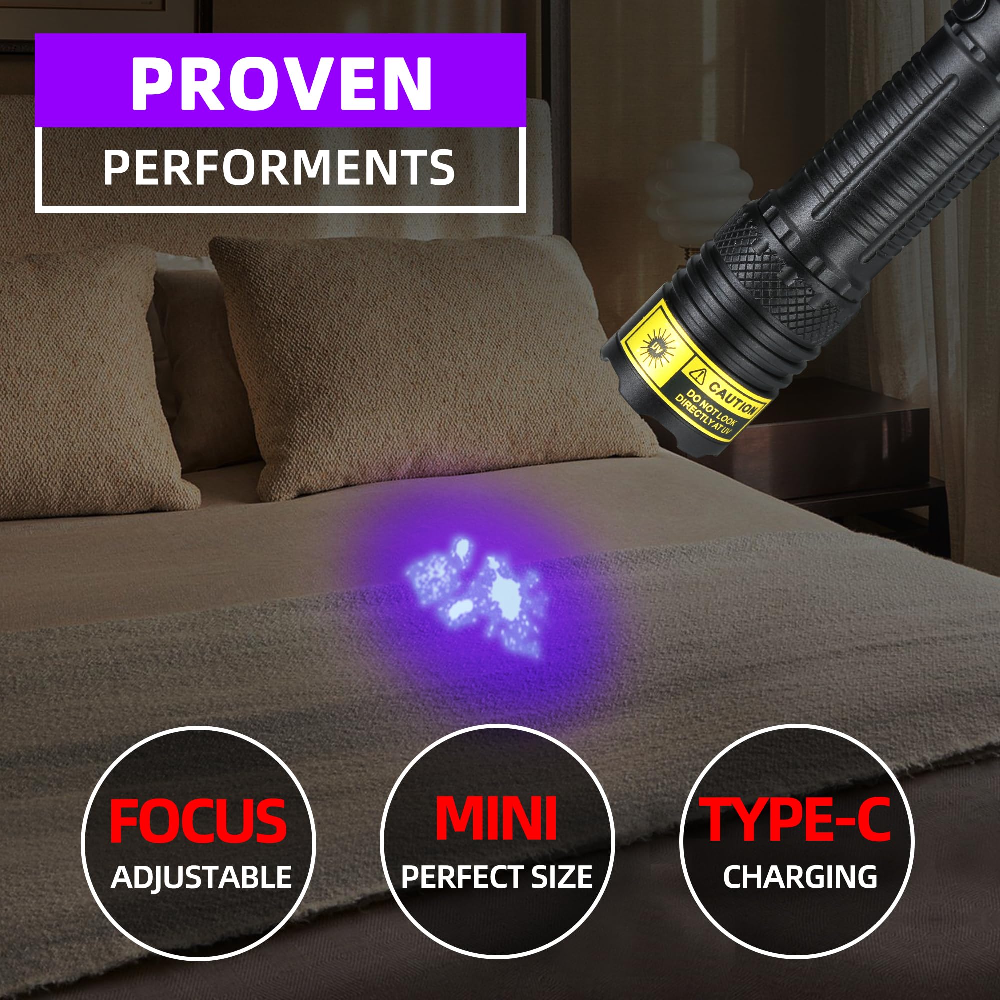DARKBEAM UV Flashlight 395nm - Mini Rechargeable Blacklight, Focusable, Water Resistant, Model B71-395NM, Ideal for Pet Detection
