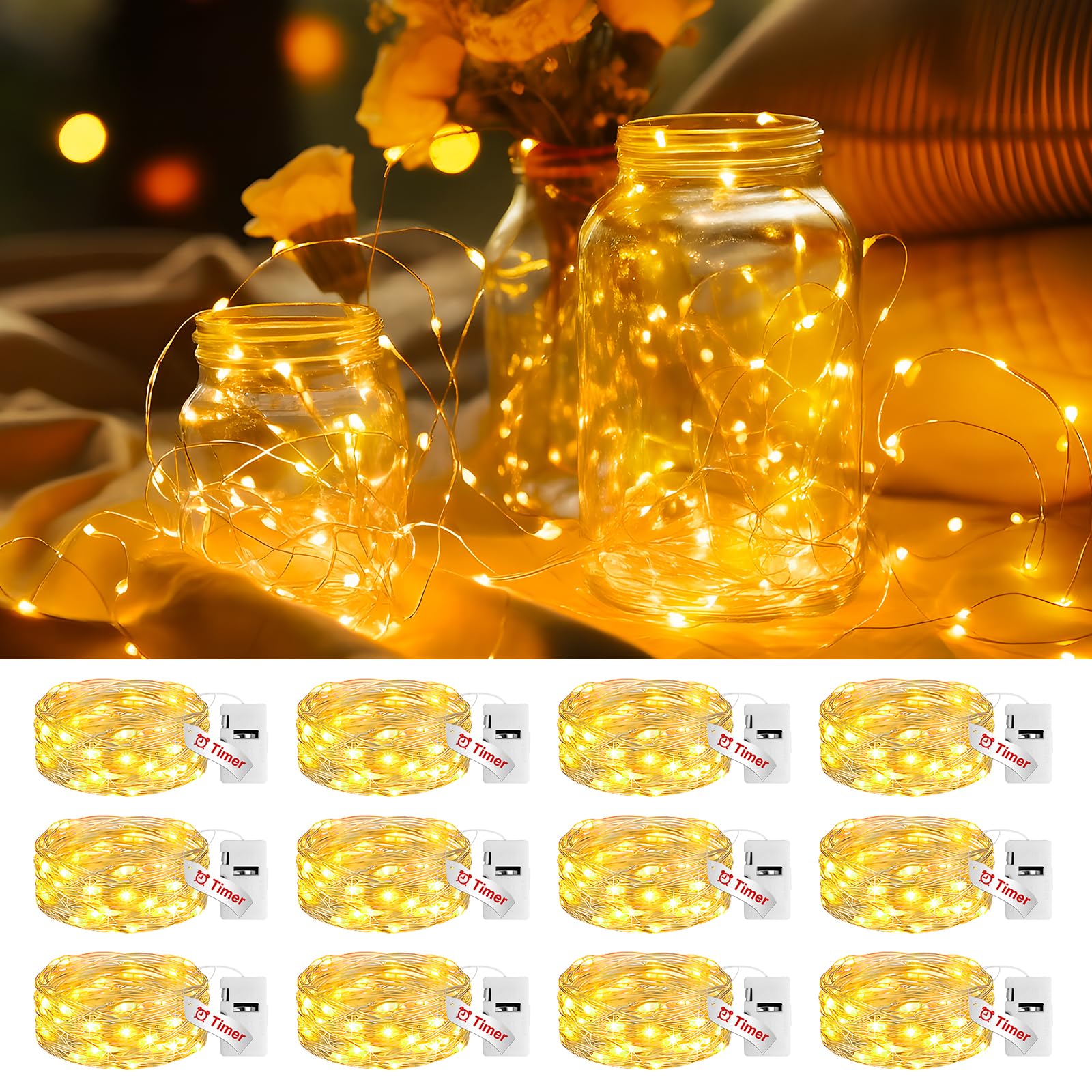 litogo 12 Pack Yellow Fairy Lights Battery Operated with Timer  20 LED 3 Modes Twinkle Light  7ft Waterproof Silver Wire Mini Small Bulk Mason Jar String Light  Decor for Wedding Party Christmas