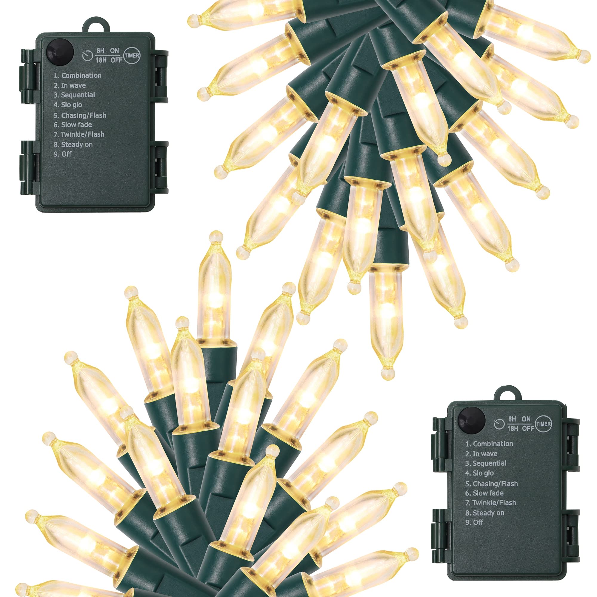 WATERGLIDE 50 LED Outdoor Christmas Lights, 16FT Battery Operated Mini String Lights, 8 Modes, Timer, Warm White