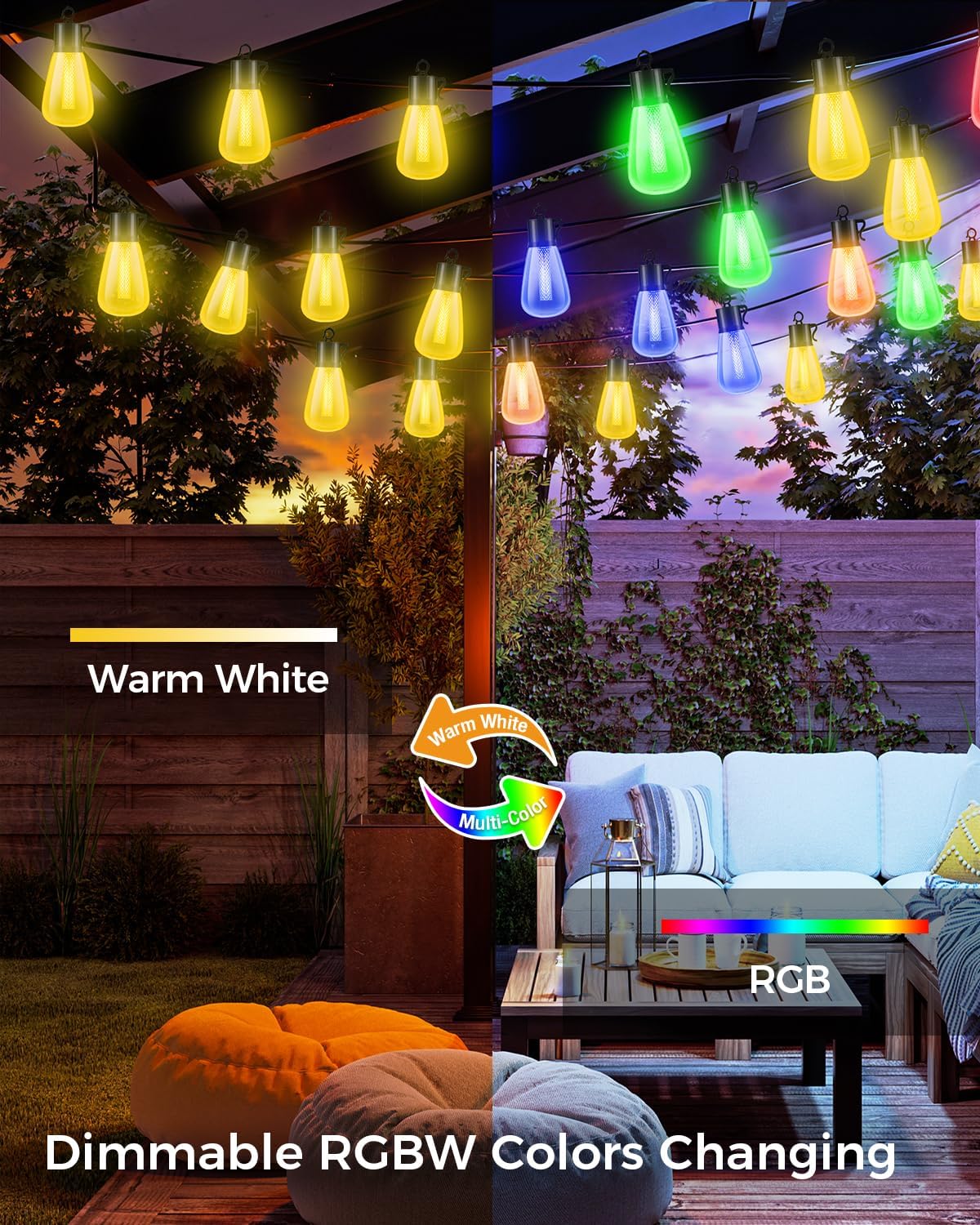 litogo 120FT Color Changing Outdoor String Lights - Dimmable LED RGB with Waterproof Edison Bulbs for Yard, Party, Wedding