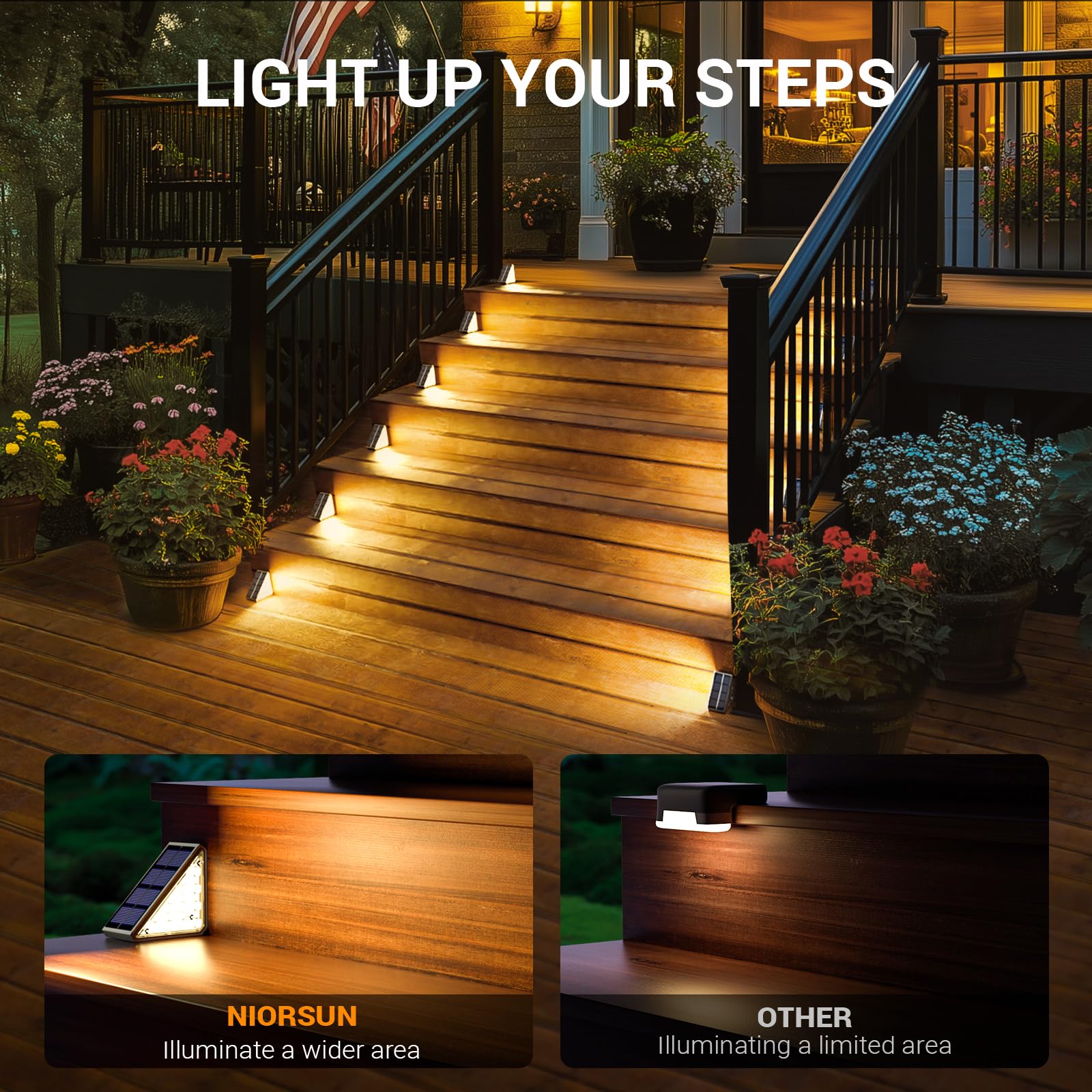NIORSUN Solar Step Lights, Waterproof Outdoor Stair Lights, 16 Pack, Warm White, Model ABE110-G, for Patio, Yard, Porch, Deck Decor