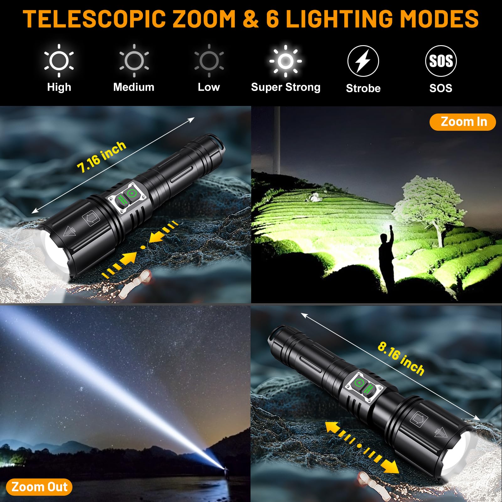 Baibian LED Super Bright Flashlight 4000 Lumens, Rechargeable, Waterproof, 6 Modes, Aluminum, Black, Model XHP160-01