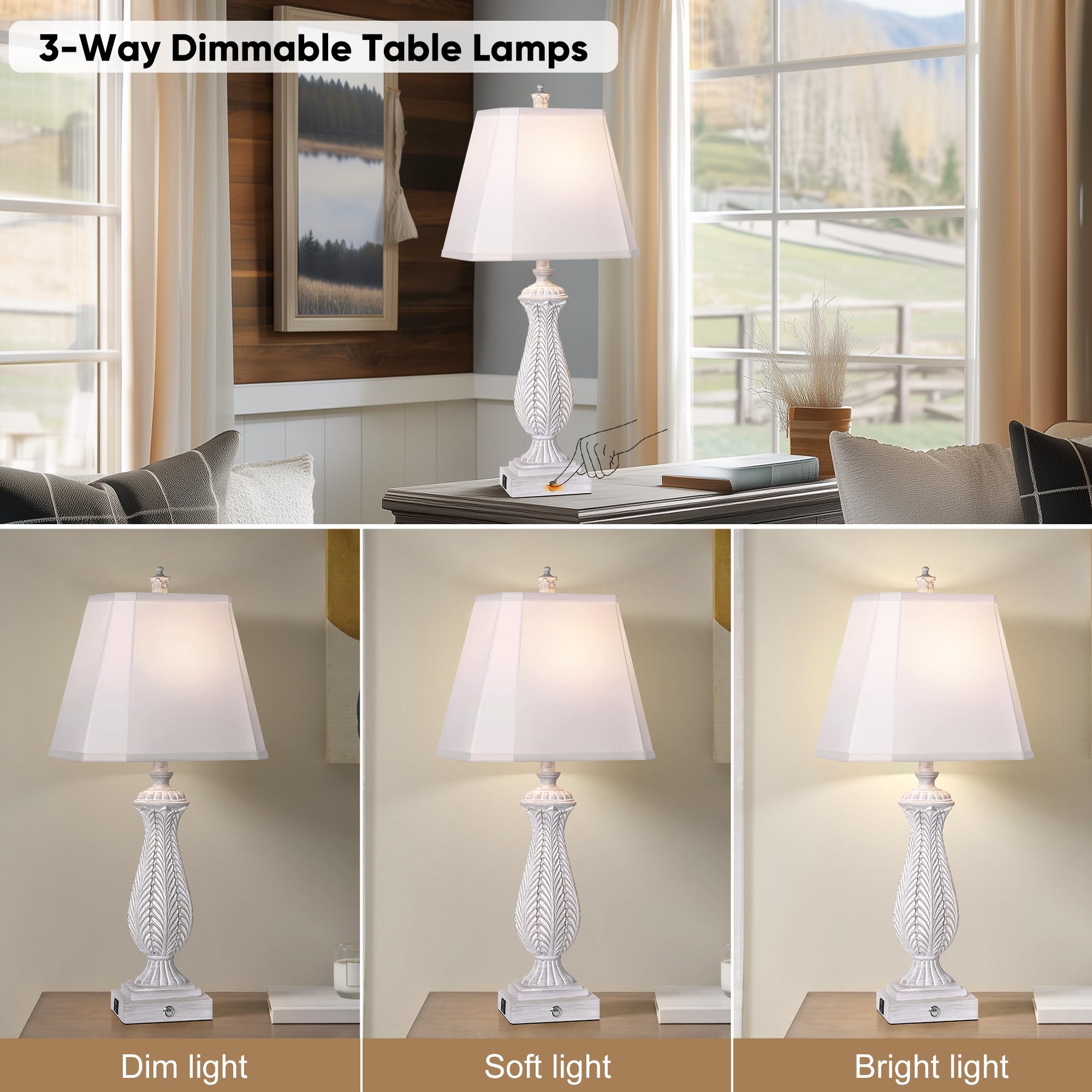 Wihtu Farmhouse Table Lamp Set Of 2, 3-Way Dimmable Touch Control Lamp For Nightstand, Beside Lamps With Ac&Usb Outlet, Oil Rubb