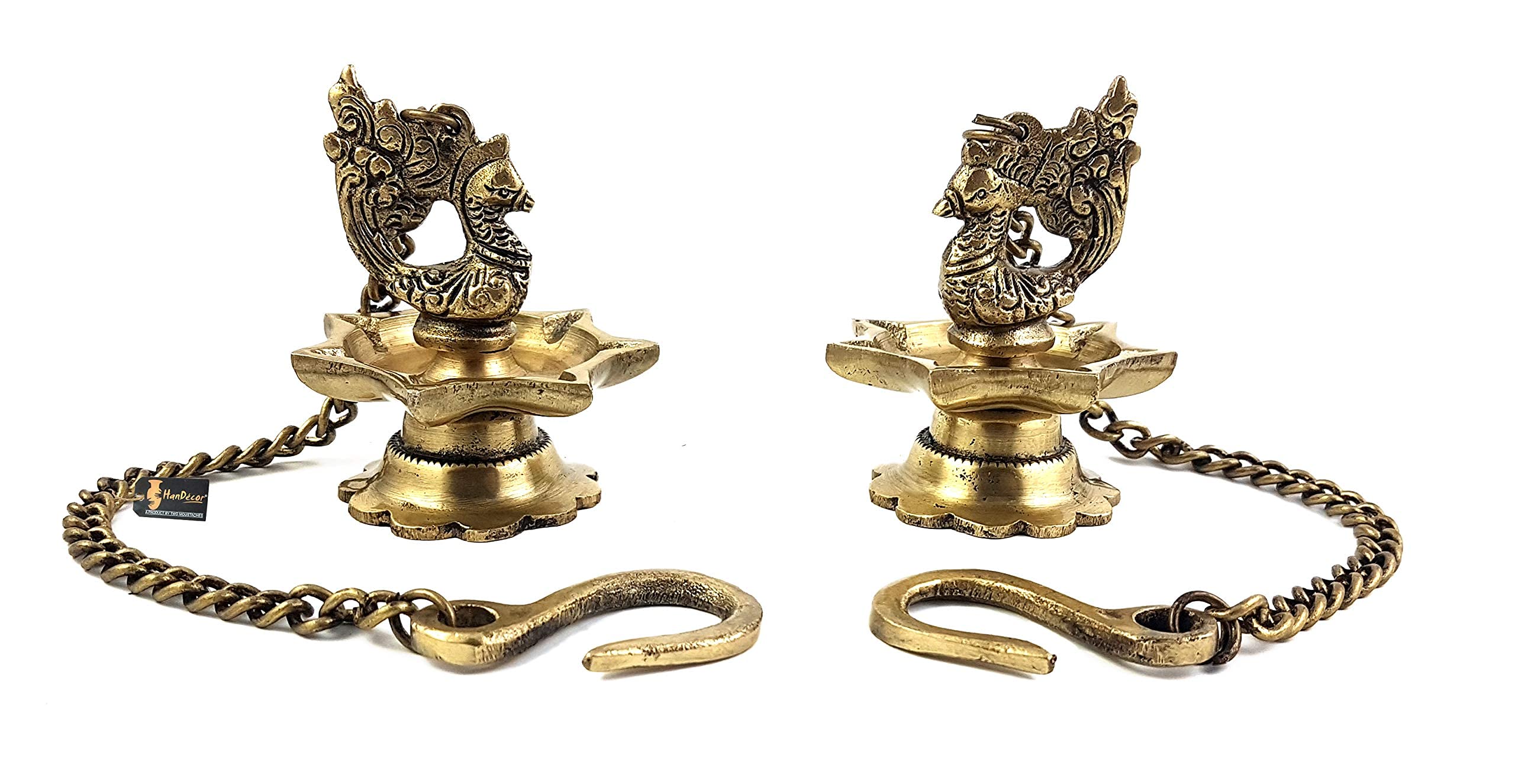 Two Moustaches Brass Peacock Carved Hanging Diya Set, Antique Yellow -Pack of 2, Standard