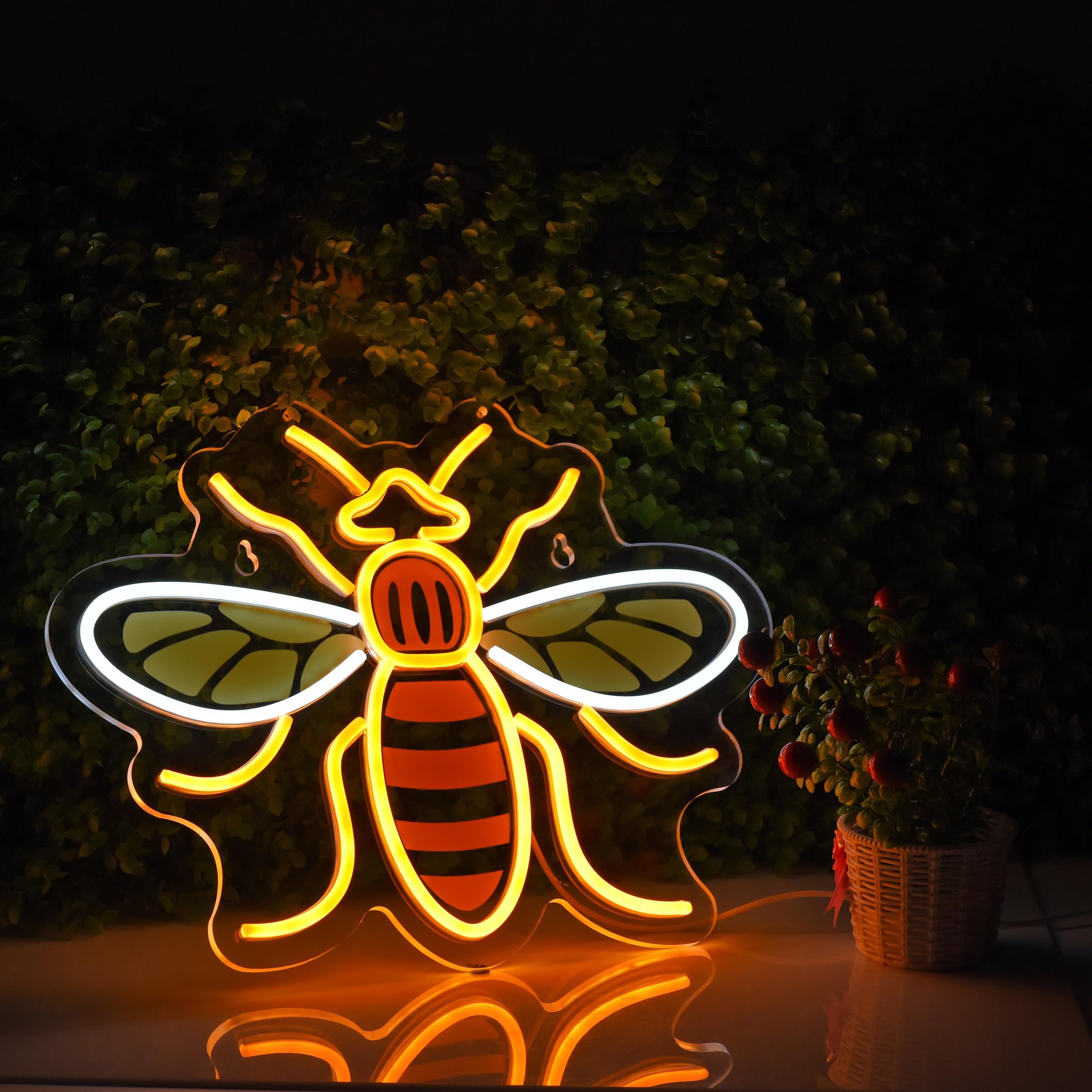 Roouneon Bee Neon Sign - Dimmable Led Wall Décor In Yellow & White, 13"X17" Acrylic Light