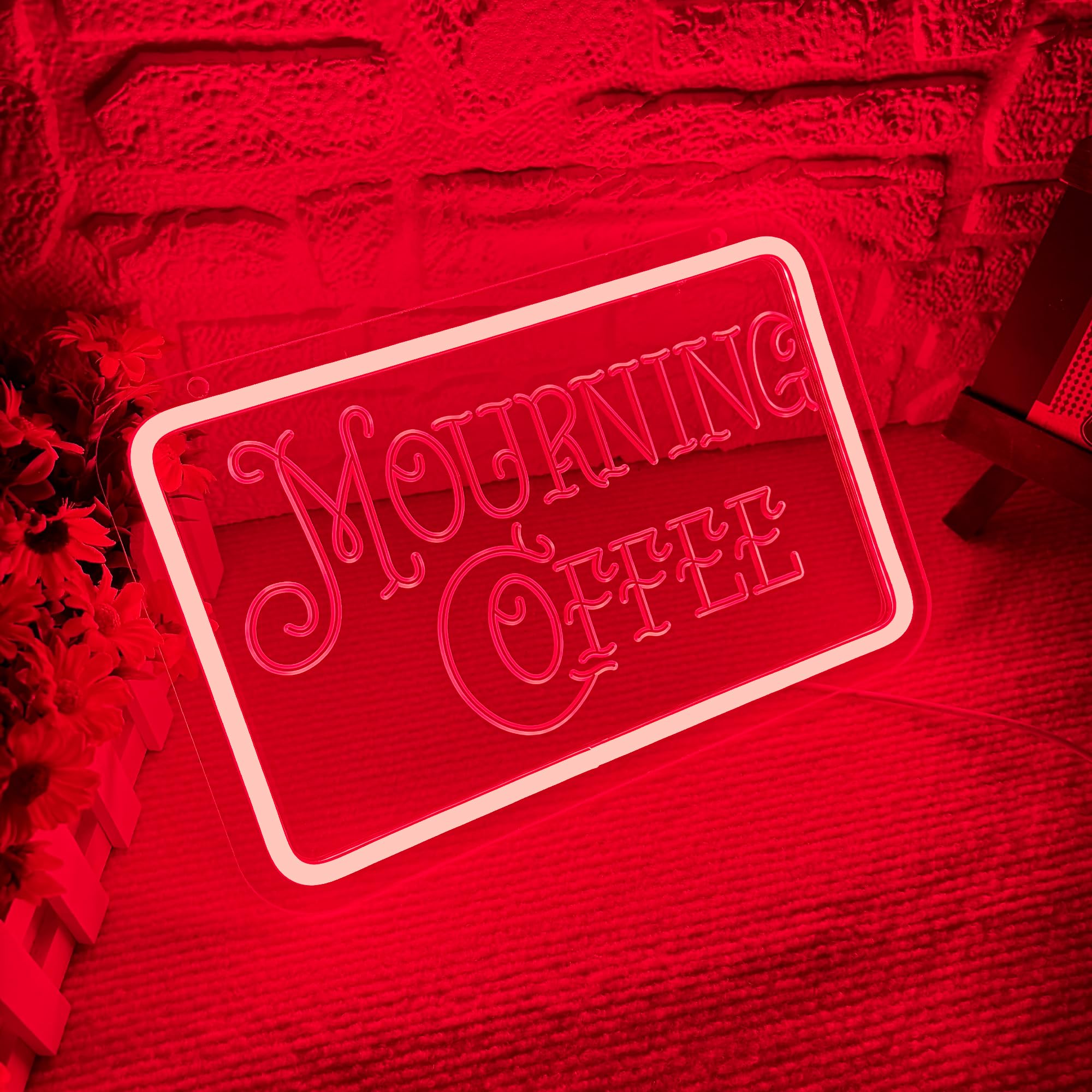 Symone Mourning Coffee Neon Sign, USB Powered Dimmable LED Light, 11.8x7.8 In, Red+White, Halloween Decor for Cafe & Home