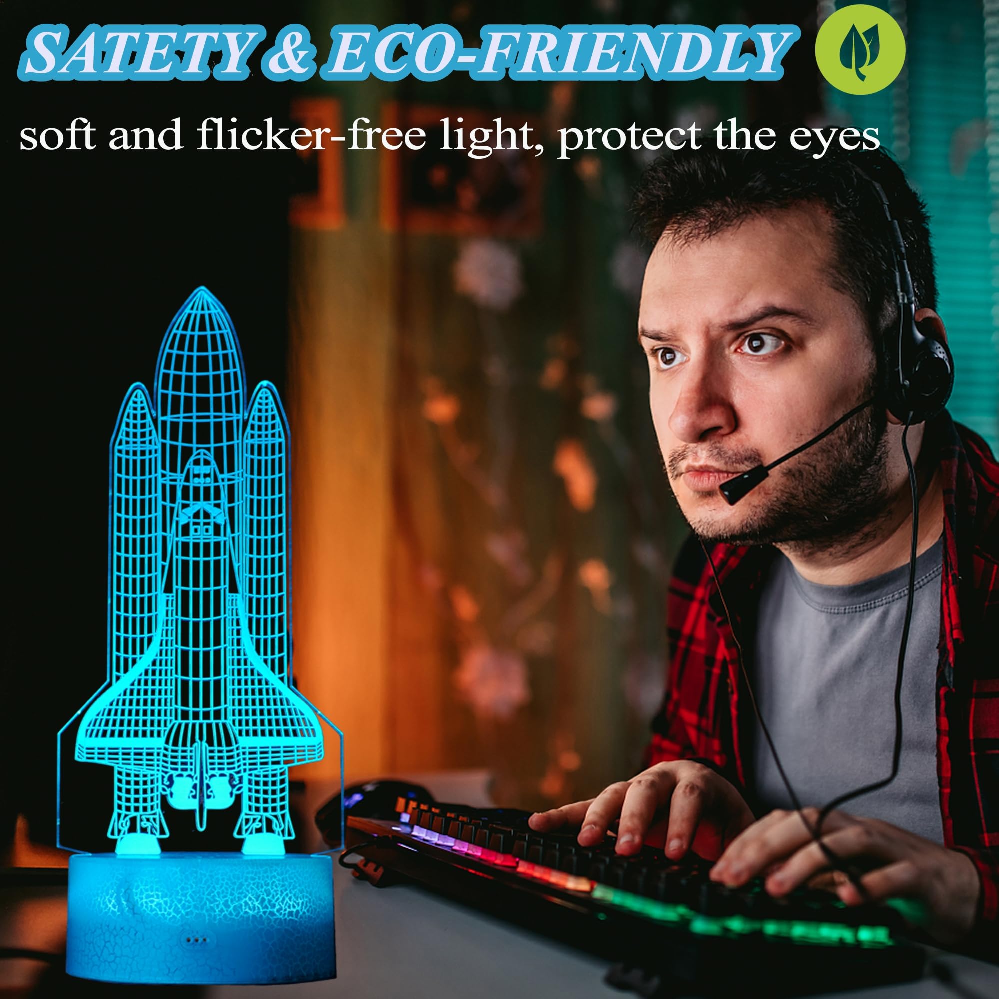 Posshe Space Shuttle Night Light, Space Shuttle Gifts, Rocket 3D Illusion Lamp With 16 Colors Changing, Remote Control And Dimma