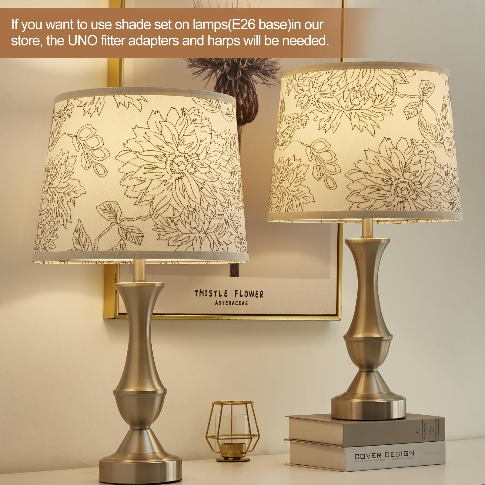 Luvkczc Drum Fabric Lampshades Set of 2, 13" x 11" x 10", Natural Linen, Hibiscus Flower, Model 2TL-31005L