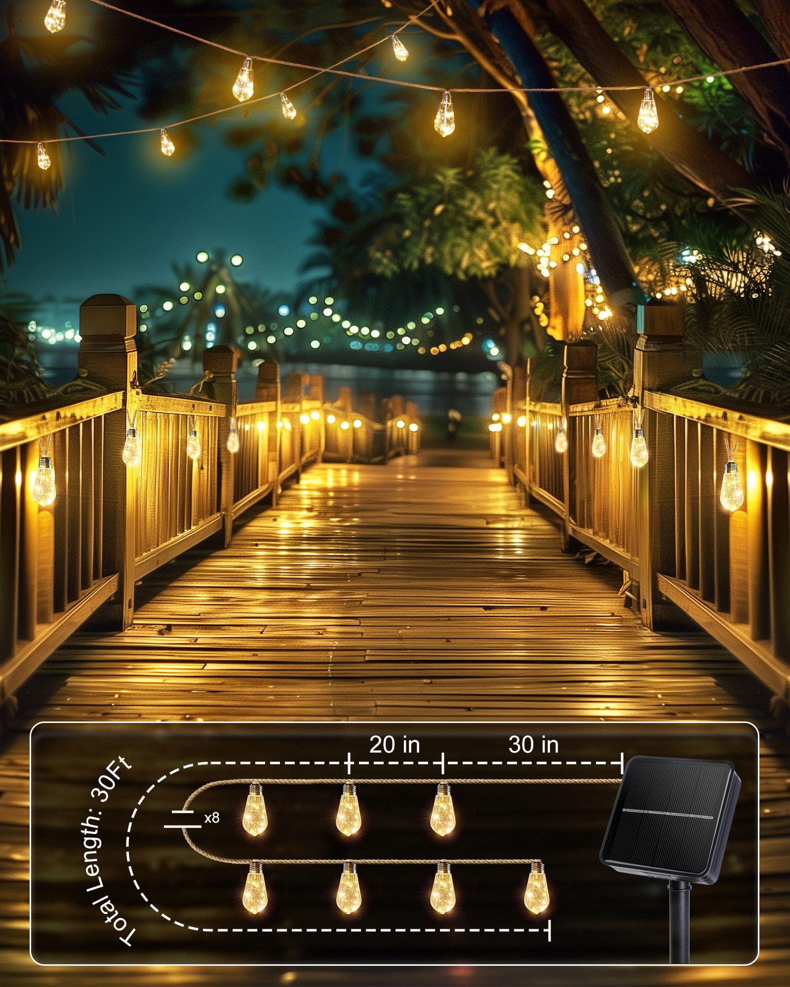 Brightown 30Ft Solar String Lights Outdoor With 15 Shatterproof Bulbs, 8 Light Modes Vintage Hemp Rope Led Patio Lights, Waterpr