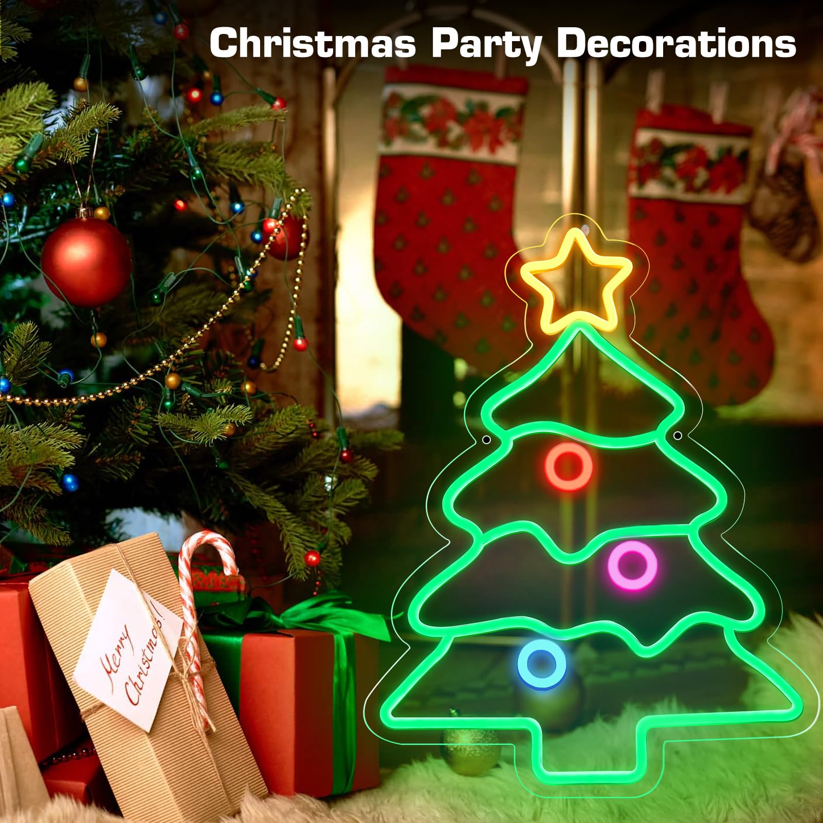LEDLampsWorld Neon Sign - Christmas Tree Decor, 18.5x14.2 Inch, Acrylic, Multi-Color (Green, Yellow, Red, Purple, Blue)