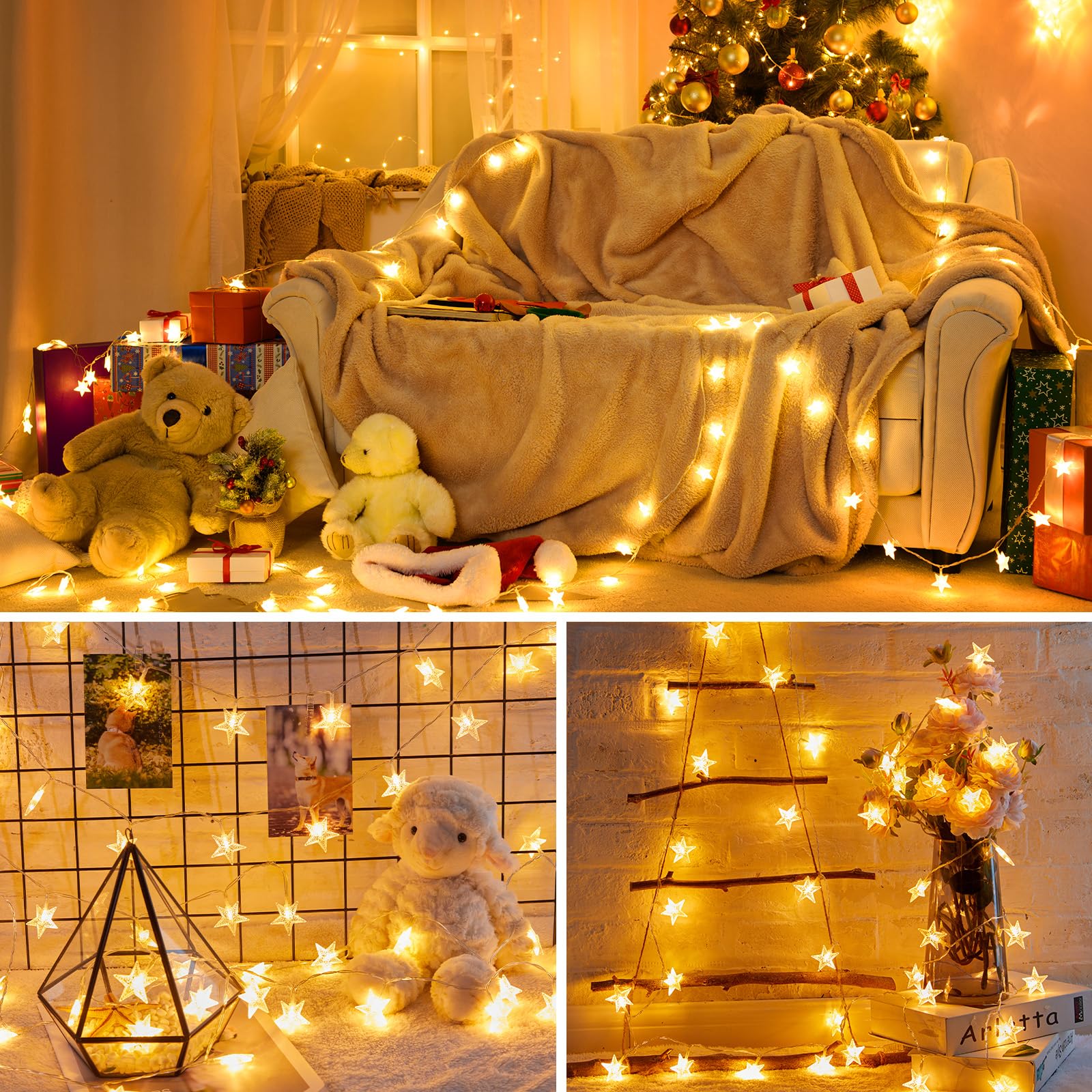 Minetom 2 Pack Star String Lights - 17 ft 50 LED, Battery Operated, Waterproof, Warm White for Indoor/Outdoor Decor