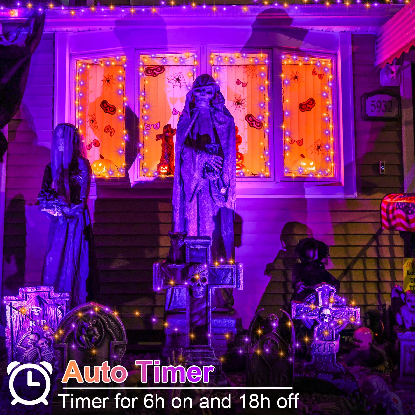 DealBeta Halloween String Lights, 50 LED, Battery Operated, 4 Pack, 16.4Ft Each, Purple & Orange, Model sl-01-3