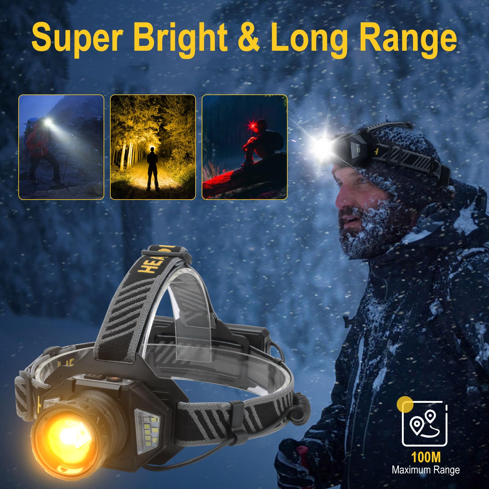 BORUIT LED Headlamp T503B - Rechargeable, Super Bright, 8 Modes, IPX4 Waterproof, Black, with Red Light for Camping, Hiking, Fishing