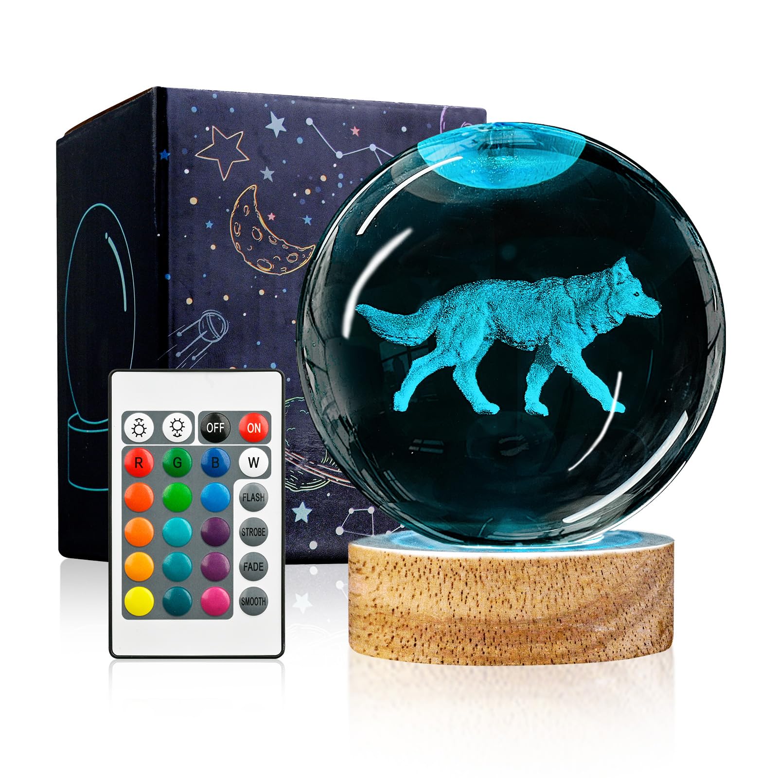 YYLZEPHB 3D Wolf Crystal Ball Night Light with Woodern Base, 3.15 Wolf Glass Ball Lamp 16 Colors with Remote Control Wolf Figuri