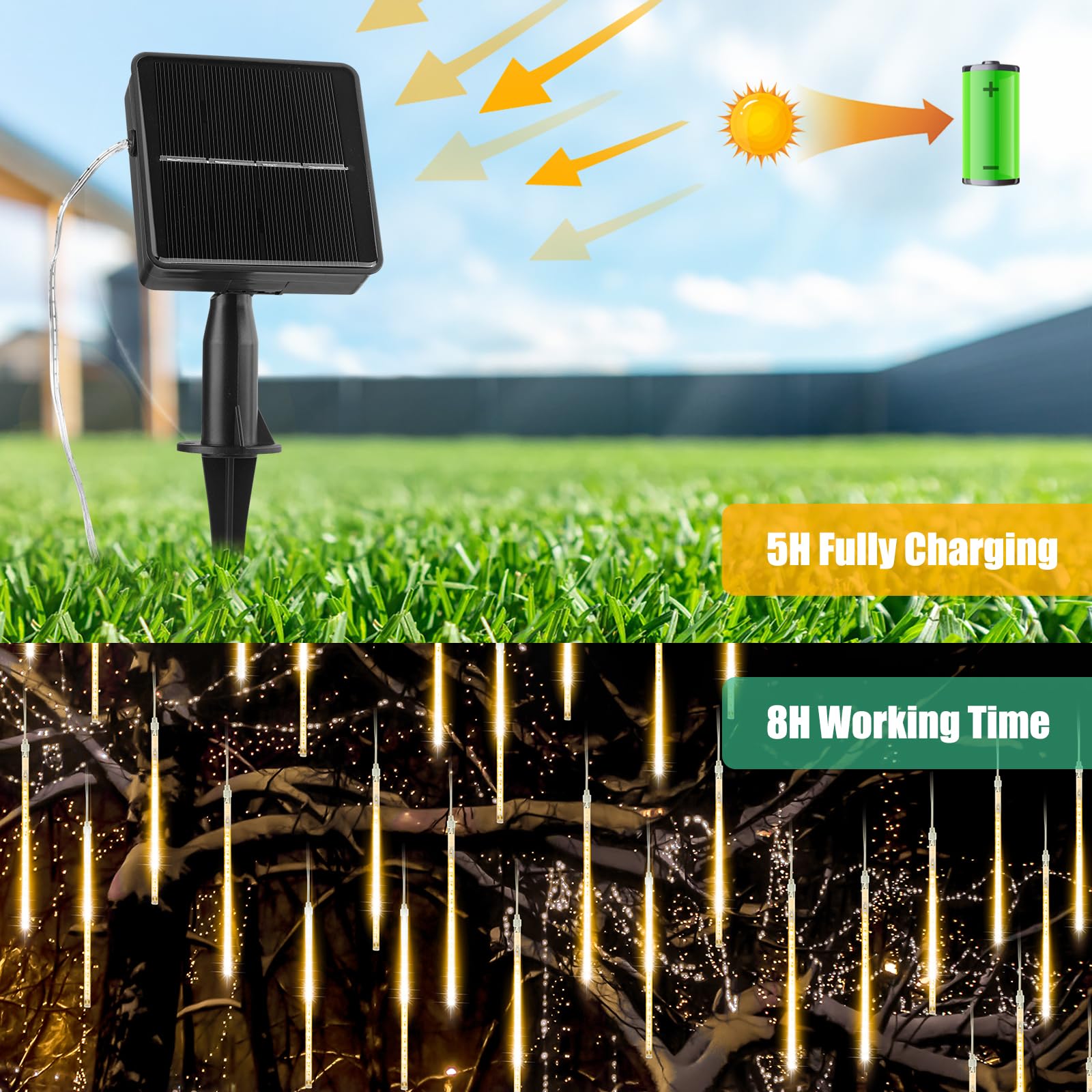 Solar Meteor Shower Lights - 16 Inch 8 Tube 288 Led, Waterproof, Cascading Falling Rain Lights For Tree, Bush, Holiday Parties,