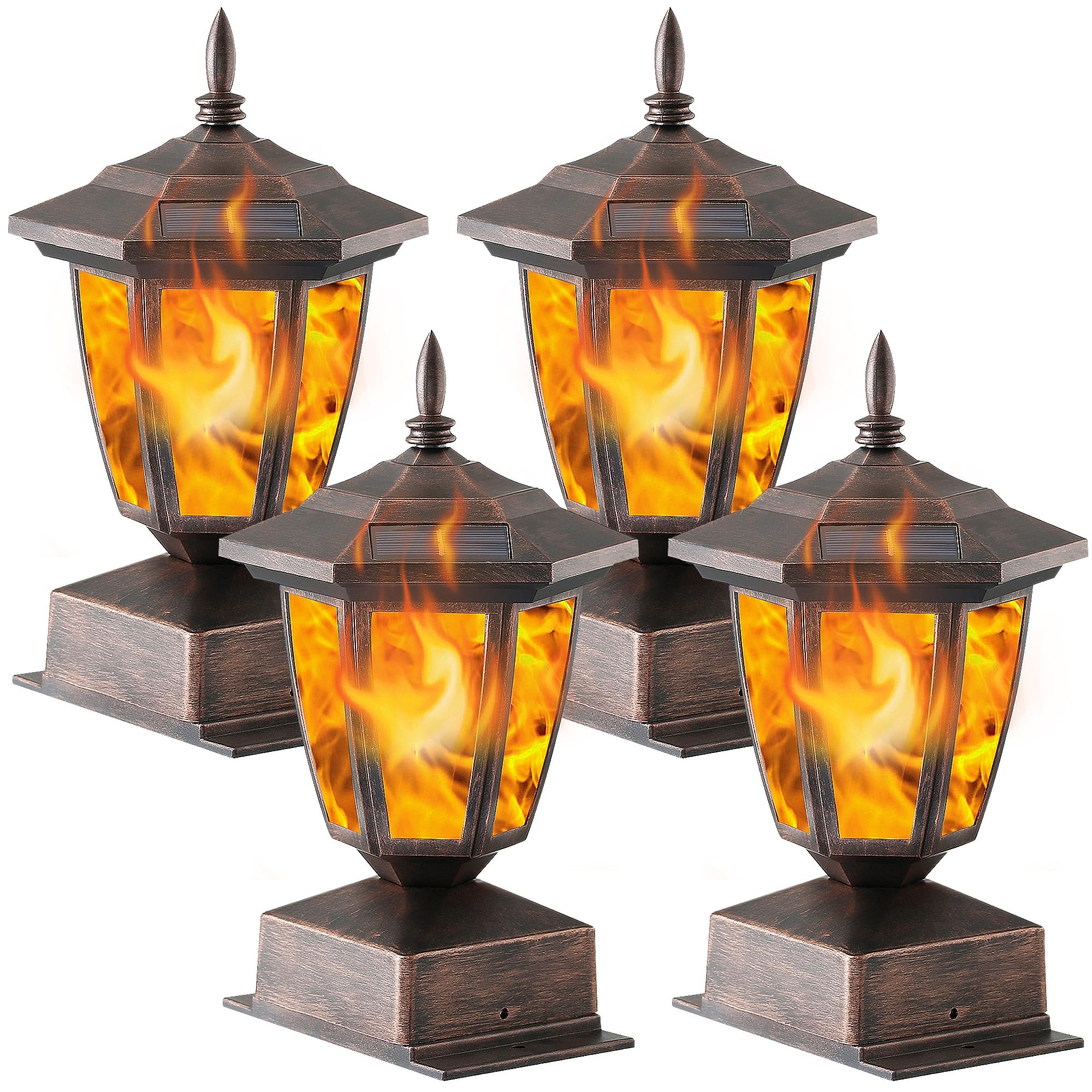 Dynaming 4 Pack Solar Flame Post Lights Outdoor, Solar Powered Lamps Fence Post Cap Lights, Flickering Flame LED Lantern Waterpr
