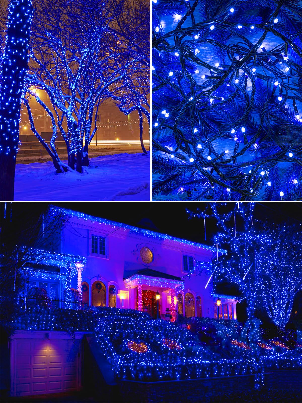 EEW 200 LED Solar String Lights, Waterproof Green Wire, 8 Lighting Modes, 2 Pack, Blue, Model CAIYUAN-100