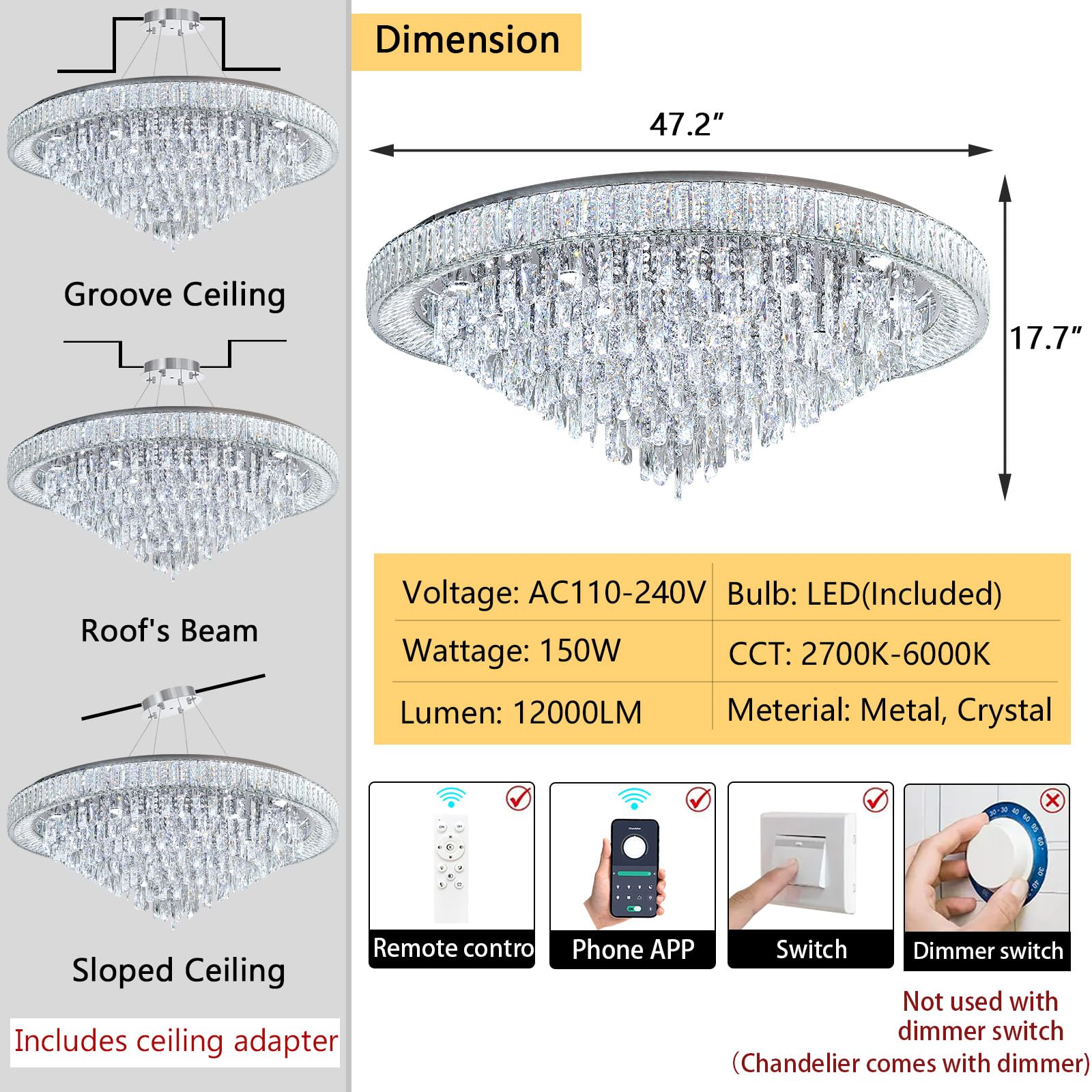dolria 47'' Modern LED Dimmable Crystal Flush Mount Chandelier, Silver, Metal, Model PC1019-120S for Living Room, Foyer, Bedroom