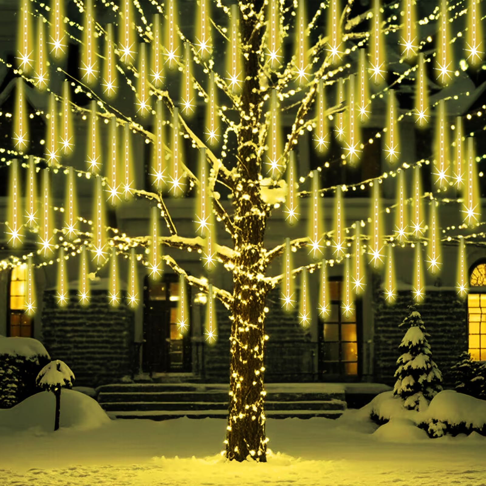 ZPQBEYE Outdoor Meteor Shower Christmas Lights 24-Tube 576LEDs Shooting Star Waterfall Meteor Shower Falling Rain Light for Christmas Tree Decorations Wedding Party Holiday Garden  UL Plug Warm White