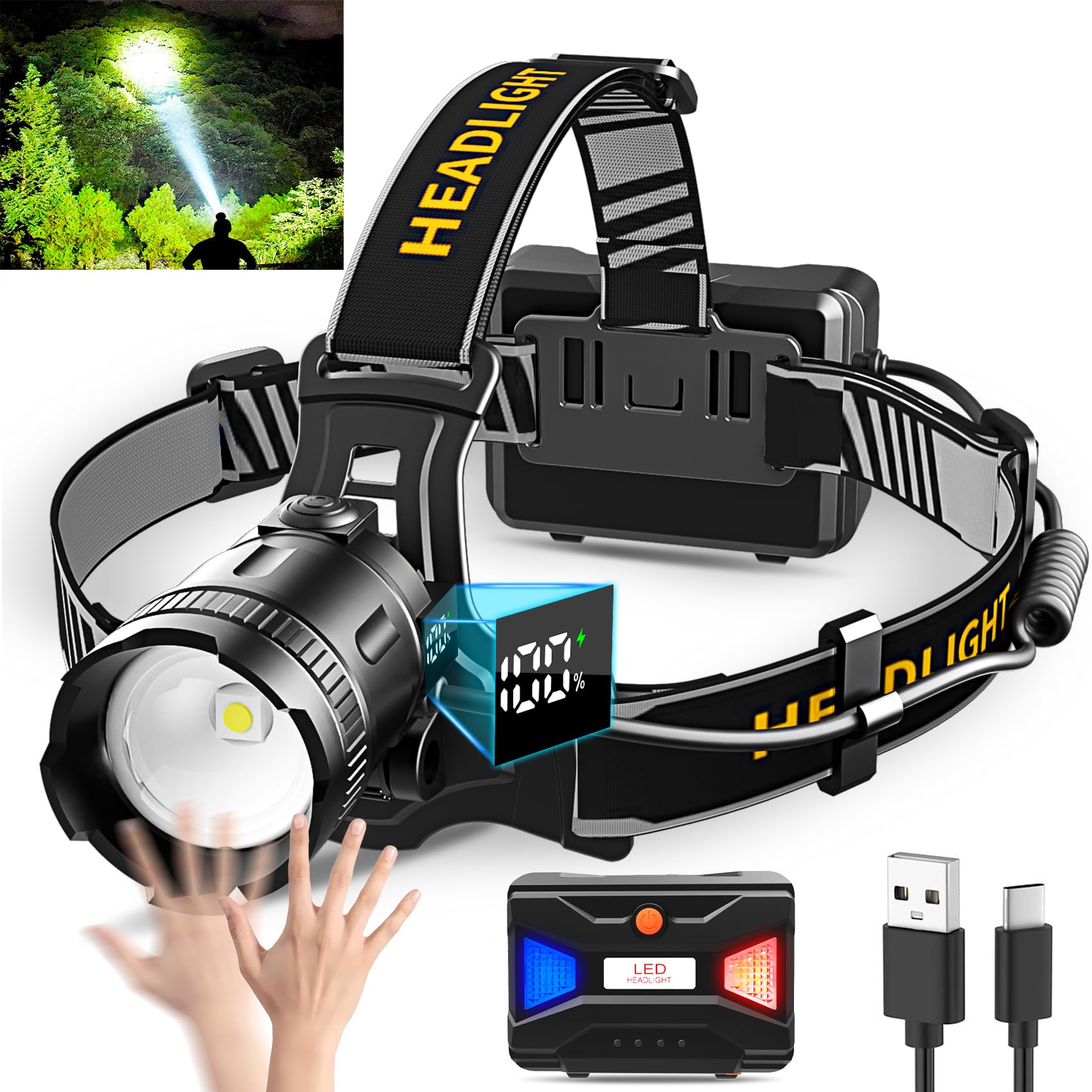 LED Headlamp High Lumens with Motion Sensor Super Bright, 3 Lighting Modes, Digital Display, Rechargeable, Waterproof Head Lamp,