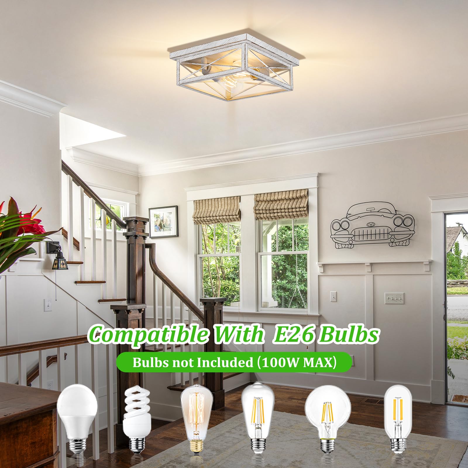 White Hallway Light Fixtures For Ceiling, 2-Light Farmhouse Industrial Flush Mount Ceiling Lights, 2-Pack Metal Kitchen Light Fi