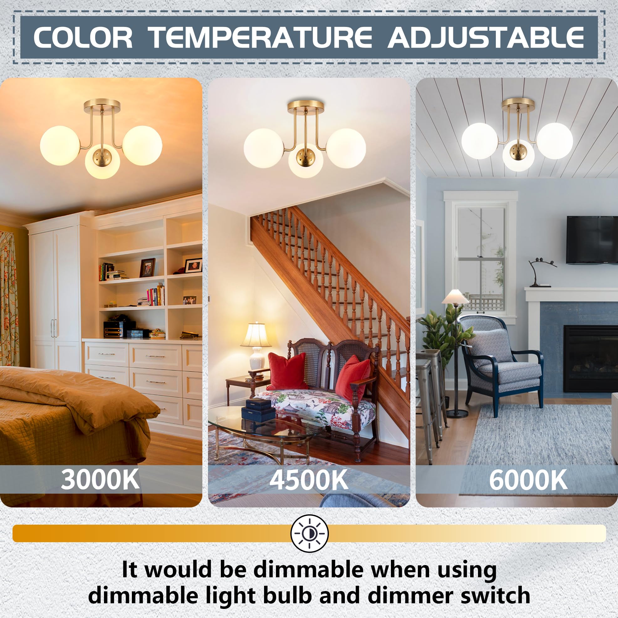 Koko&Yukina 3-Light Semi Flush Mount Ceiling Light Globe Ceiling Light Mid Century Ceiling Light With Opal Milk Glass Globe & Br