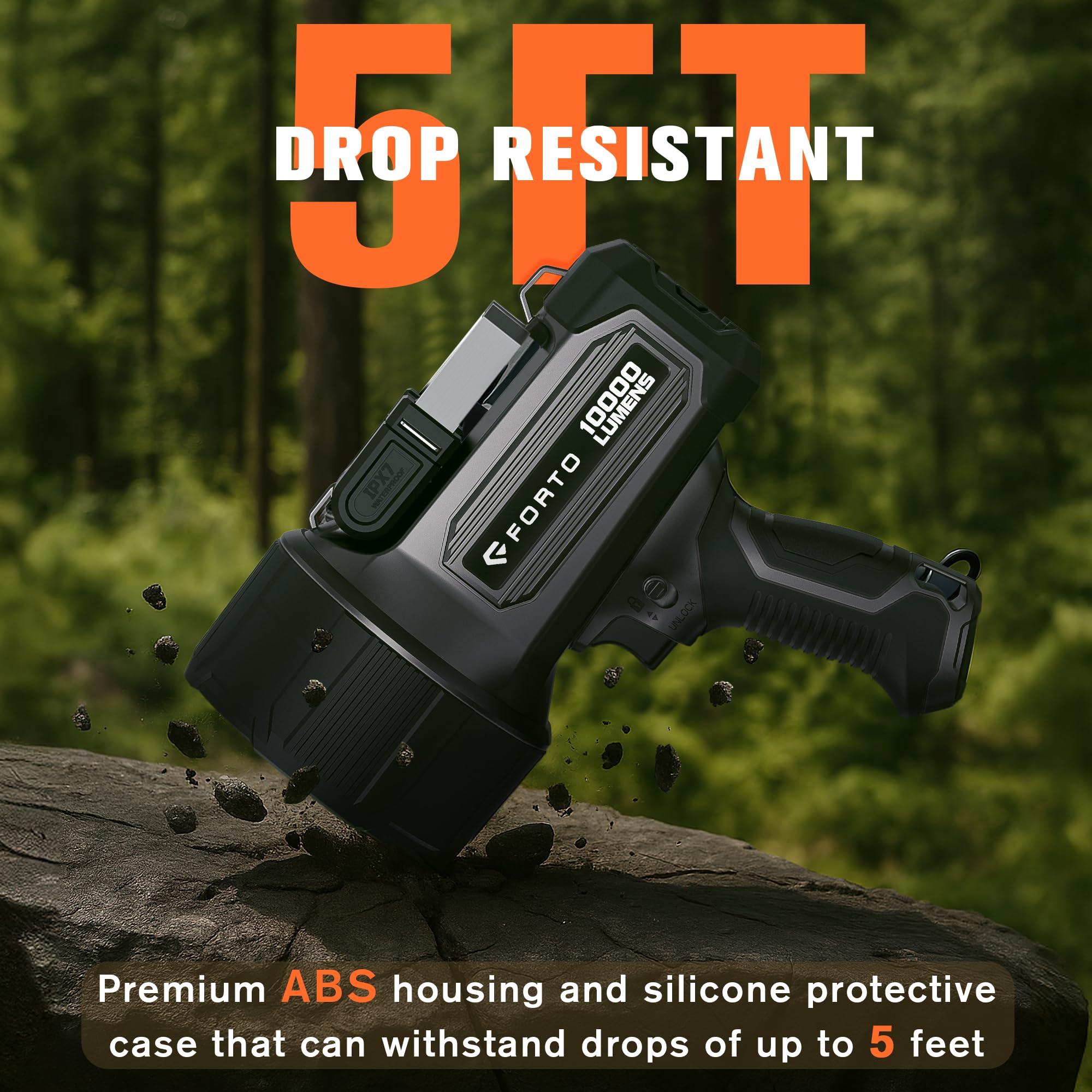 FORTO Rechargeable Spotlight 10000 Lumen Ultra Bright IPX7 Waterproof Flashlight, Boat Spotlight with EVA Carrying Case Tripod,