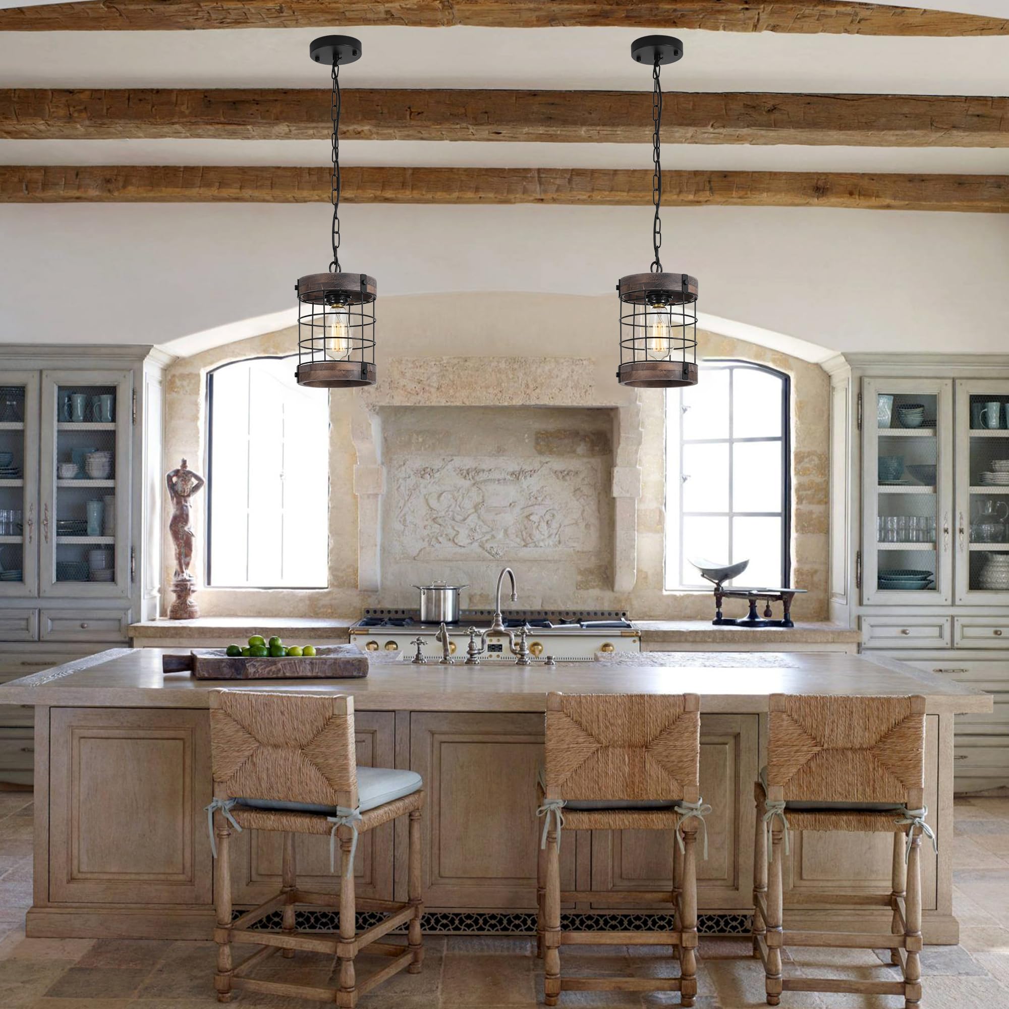 Lamqee 1-Lights Rustic Farmhouse Pendant Light Fixtures For Kitchen Island Wood Hanging Ceiling Lights Dining Room Over Table Wo