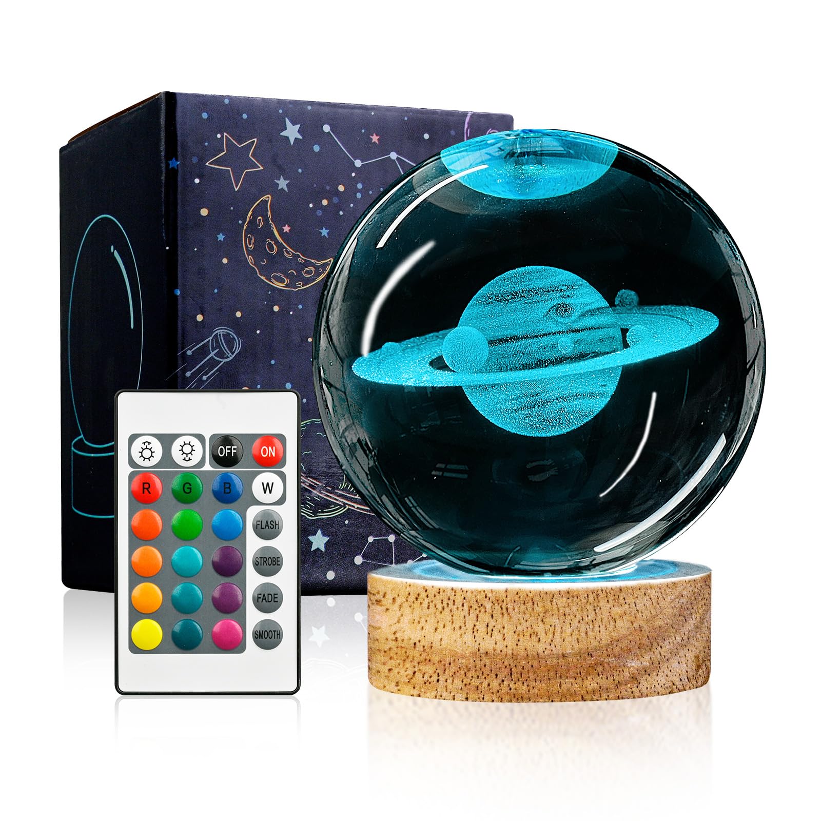 3D Saturn Crystal Ball Night Light with Woodern Base, 3.15 In Galaxy Planets Glass Ball Lamp with 16 Colors and Remote Control C