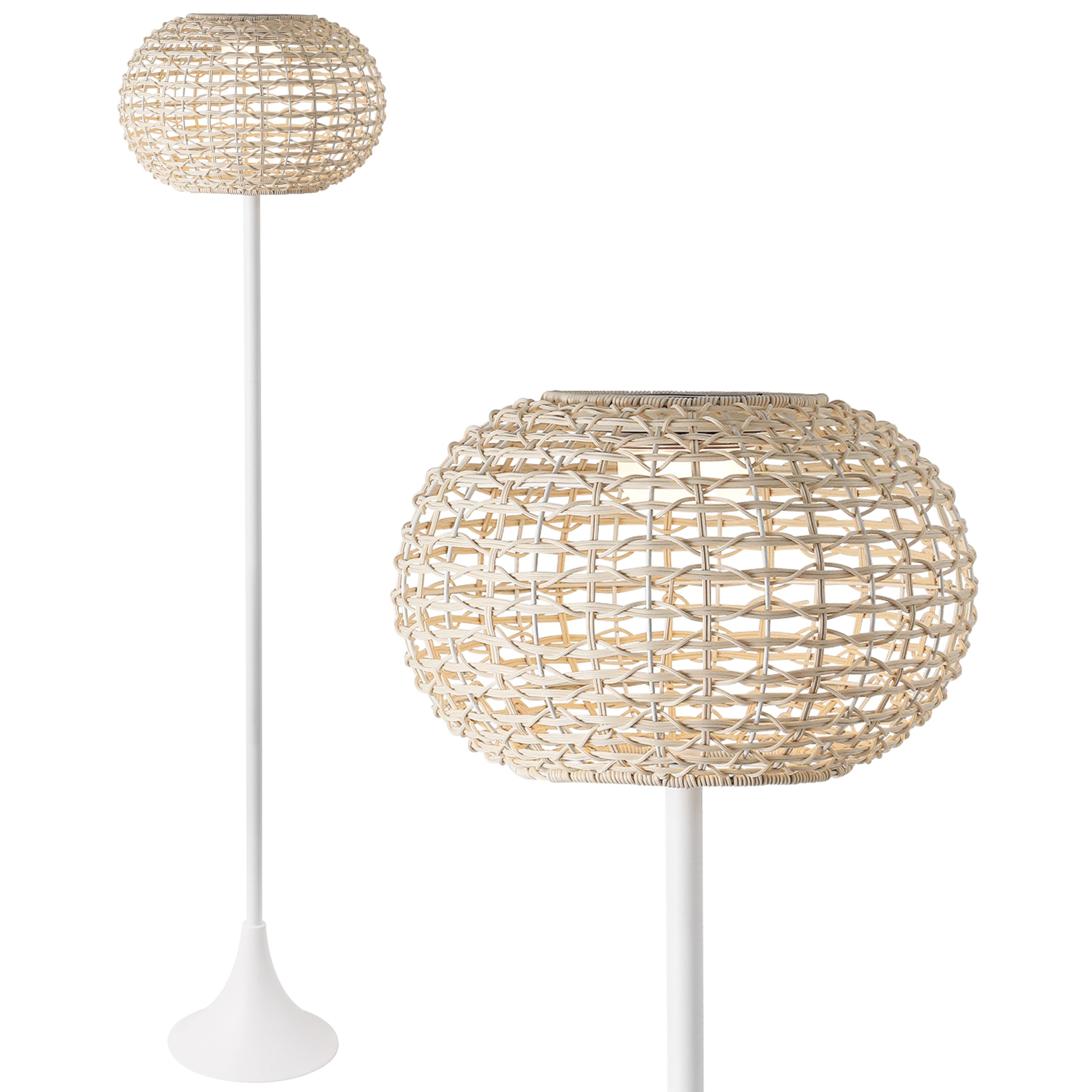 JONATHAN Y 58 White/Cream Modern Outdoor Solar Floor Lamp, Waterproof LED Standing Light for Patio, Deck, Porch, Faux Rattan Sha