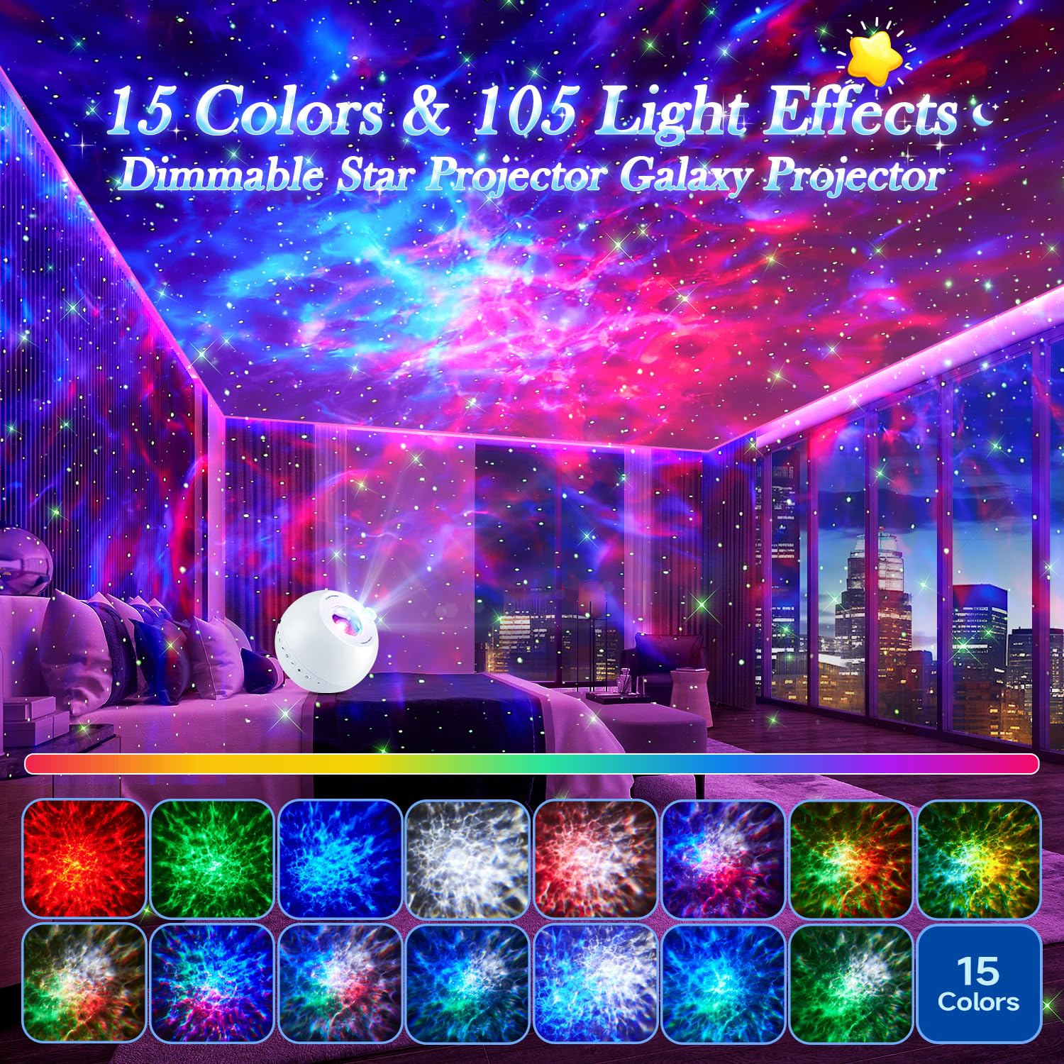 Star Projector Galaxy Light, 15 Colors+15 White Noises Galaxy Projector For Bedroom Adults Ceiling Projector Kids, Bluetooth Sta